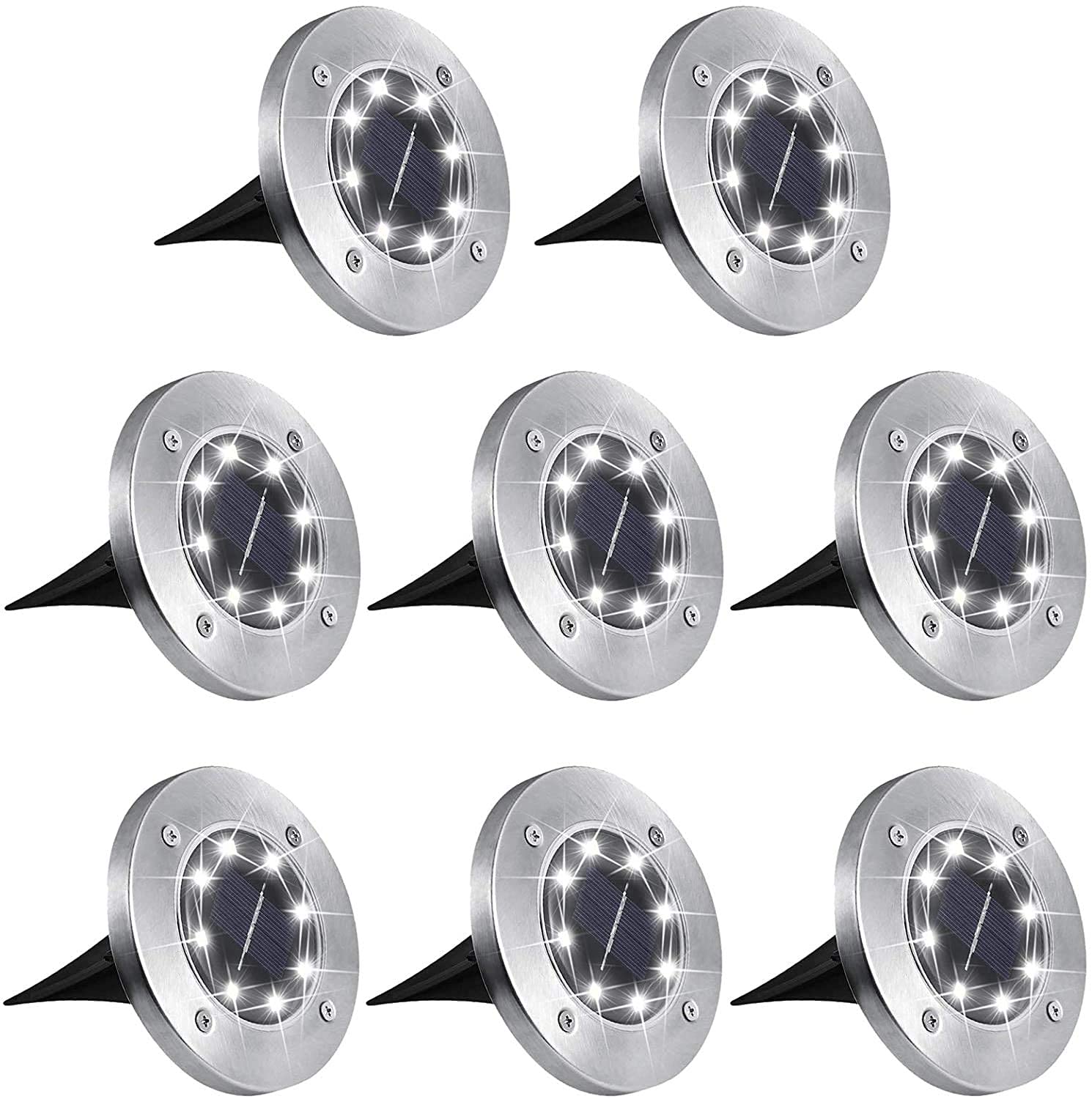 Aogist Outdoor Solar Ground Lights, 8 LED Waterproof Garden Disk Lights, Stainless Steel, 8 Pack, White
