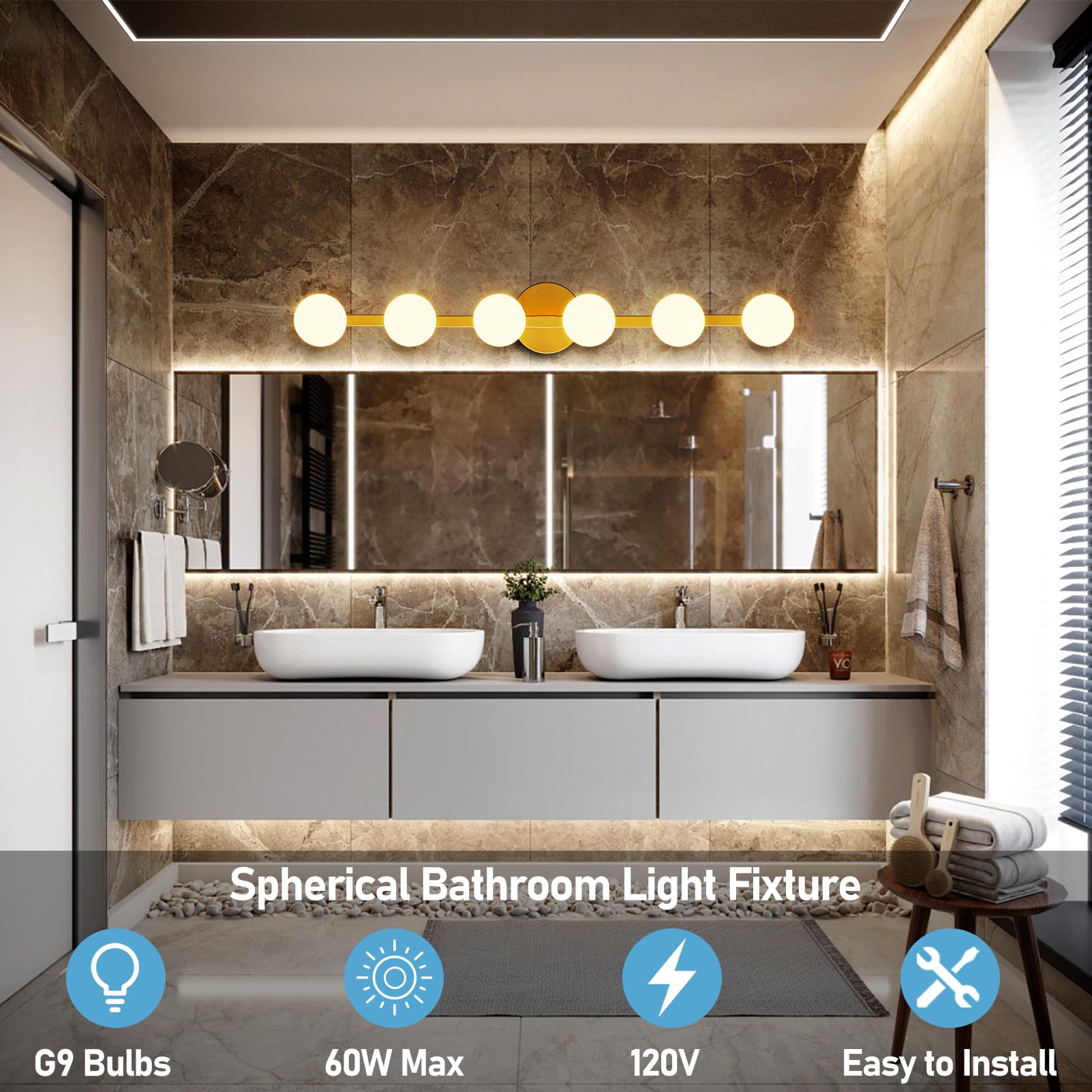 Lightdot 6-Light Bathroom Vanity Light, Modern Gold with Globe Shatterproof Lampshade, 38in Rust-Proof Fixture