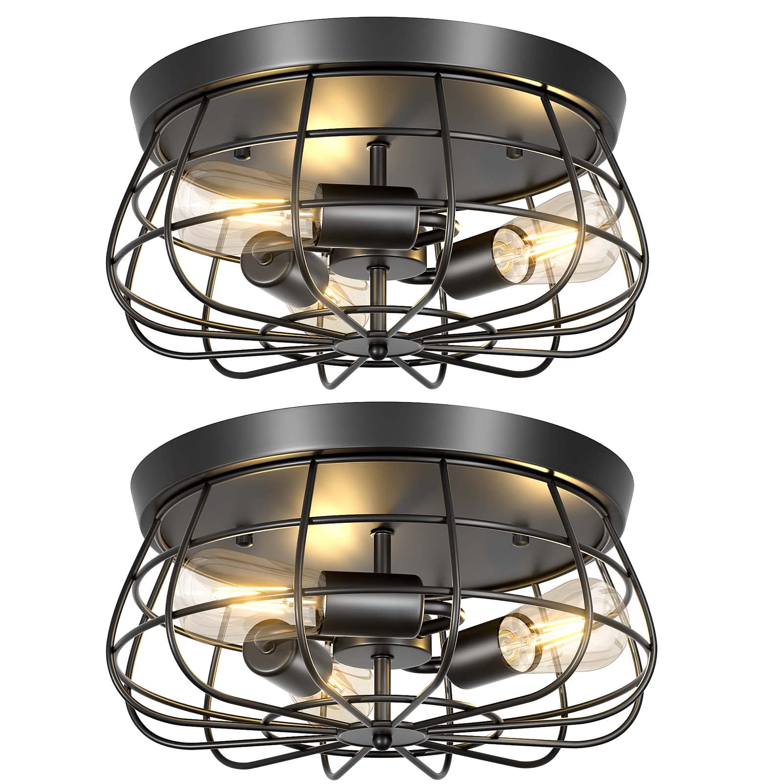Elibbren Vintage Semi Flush Mount Ceiling Light, Metal Cage, 3 Lights, 2 Pack, Bronze, UL Listed