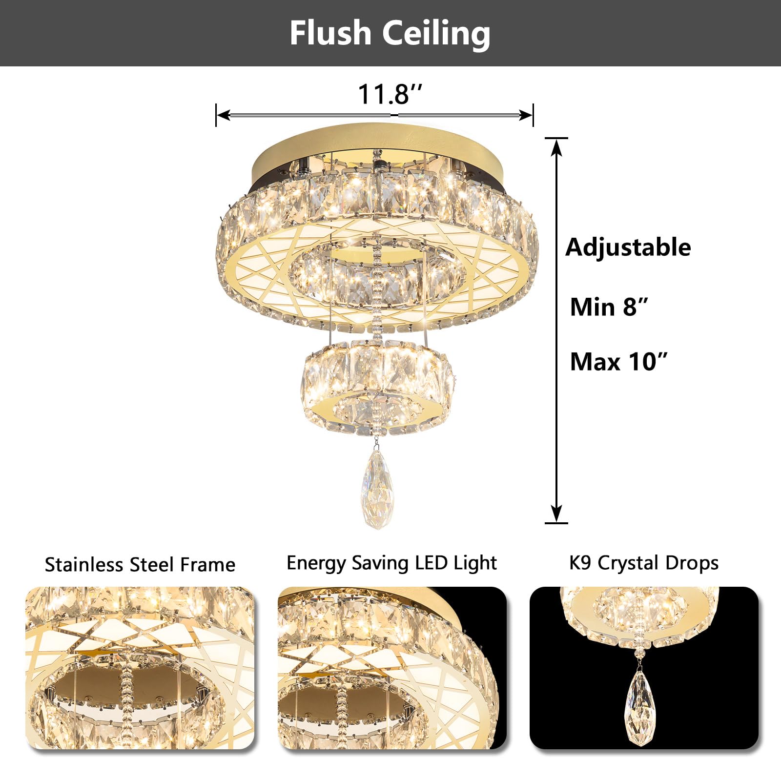 HAIXIANG Modern Glam Ceiling Chandelier, Dimmable, Remote, 12 inch, Stainless Steel & Crystal, Gold, Model MMQ3831