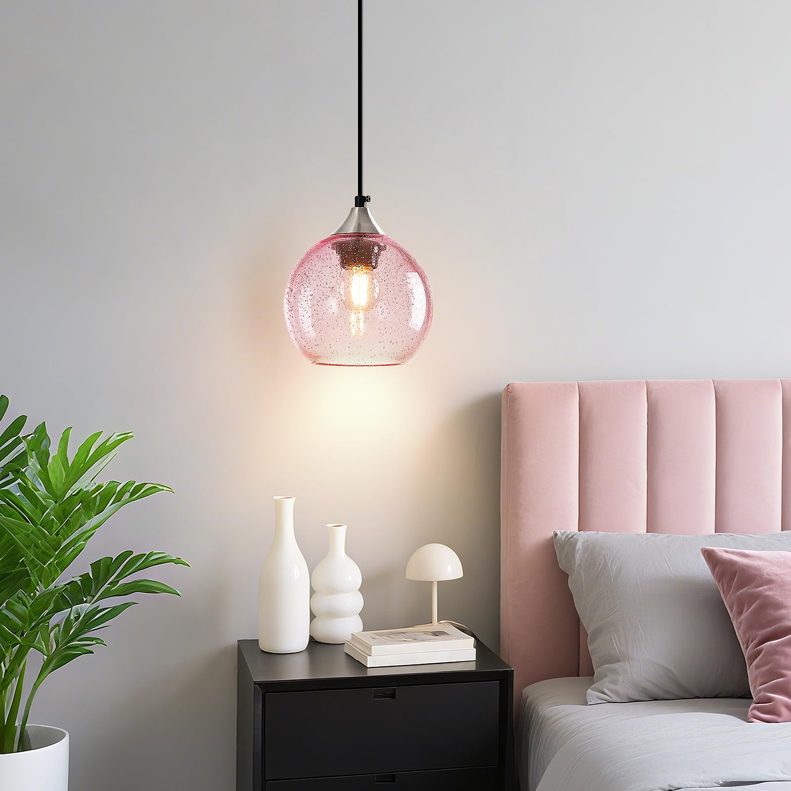 Lbsqj Pink Glass Pendant Lights Kitchen Island Globe Pendant Light Fixtures Modern Pendant Lighting For Bedroom Living Dining Room Light Fixture (5.9 In  1 Pack)