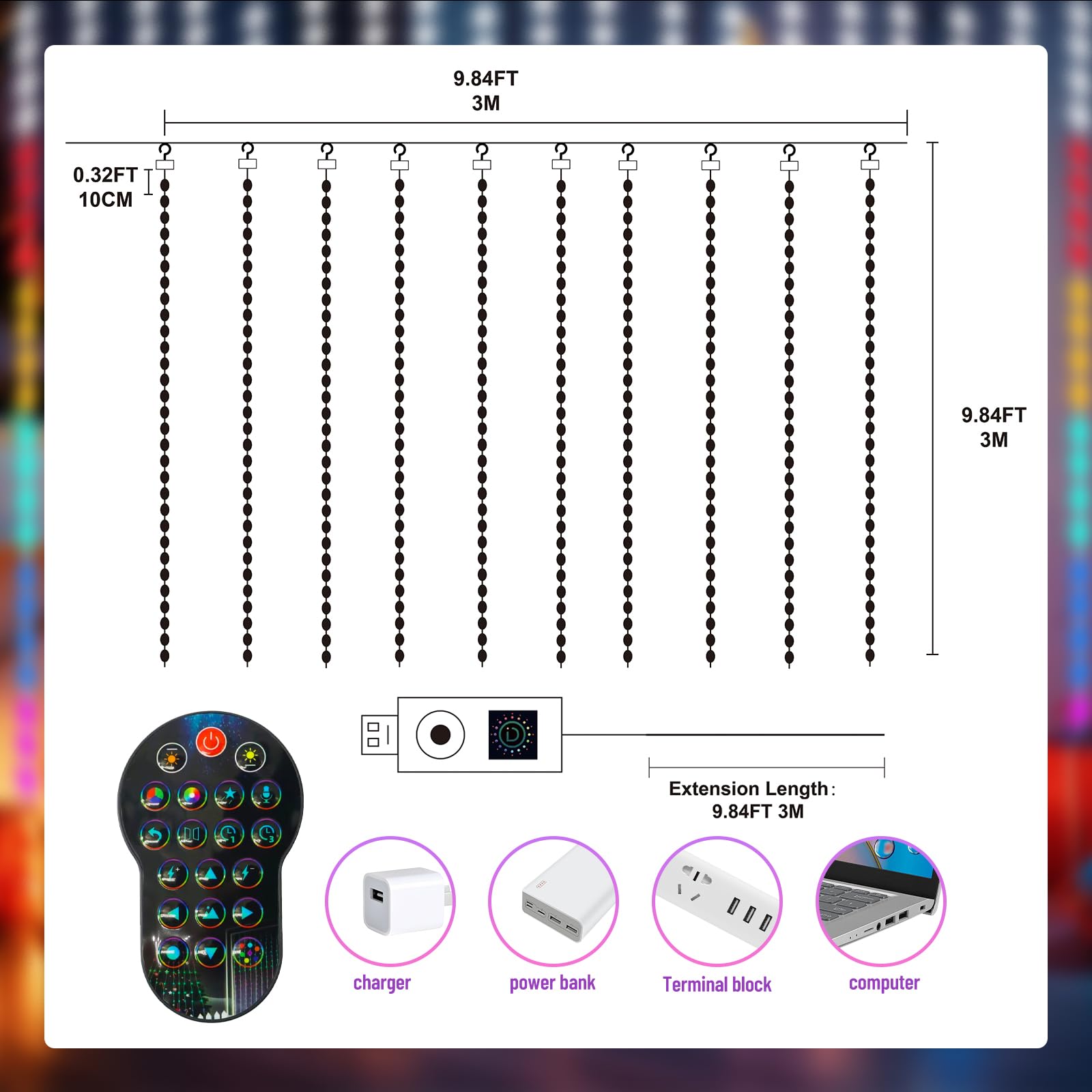HXWEIYE Smart Curtain Lights, 400LED Fairy Lights, 6.6Ft x 6.6Ft, Multicolor, APP & Remote Control, Model GP-SW050DC300