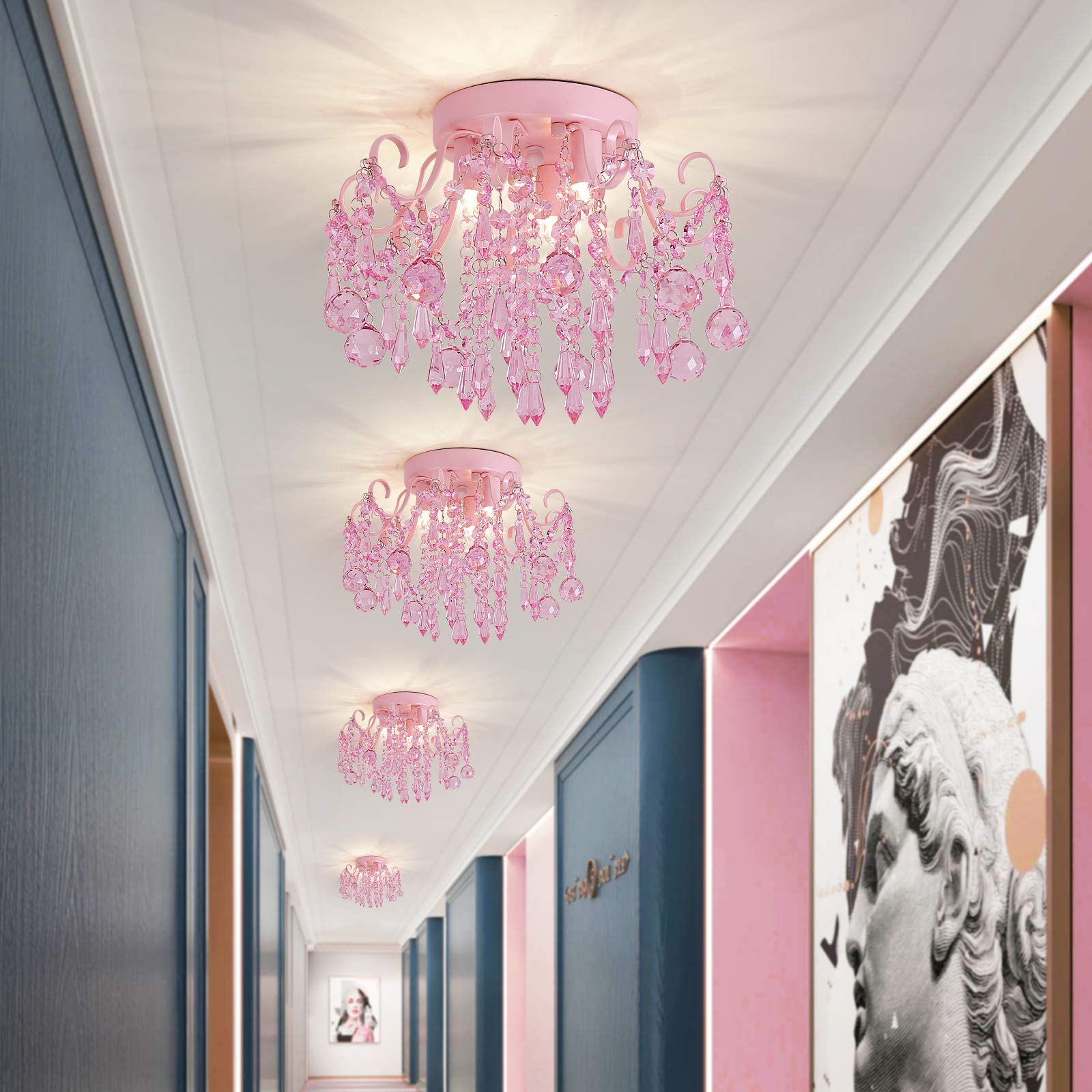 Q&S Mini Chandelier - Pink Crystal Ceiling Light Fixture, 3 Lights, Metal Design for Bedroom, Bathroom, Nursery, Model P2001-3Pink