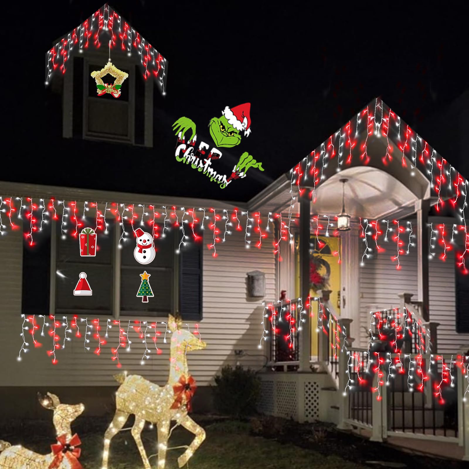YEGUO 33ft Icicle String Lights, 400 LED, Red and White, Waterproof, 8 Modes, Connectable, Lamp String