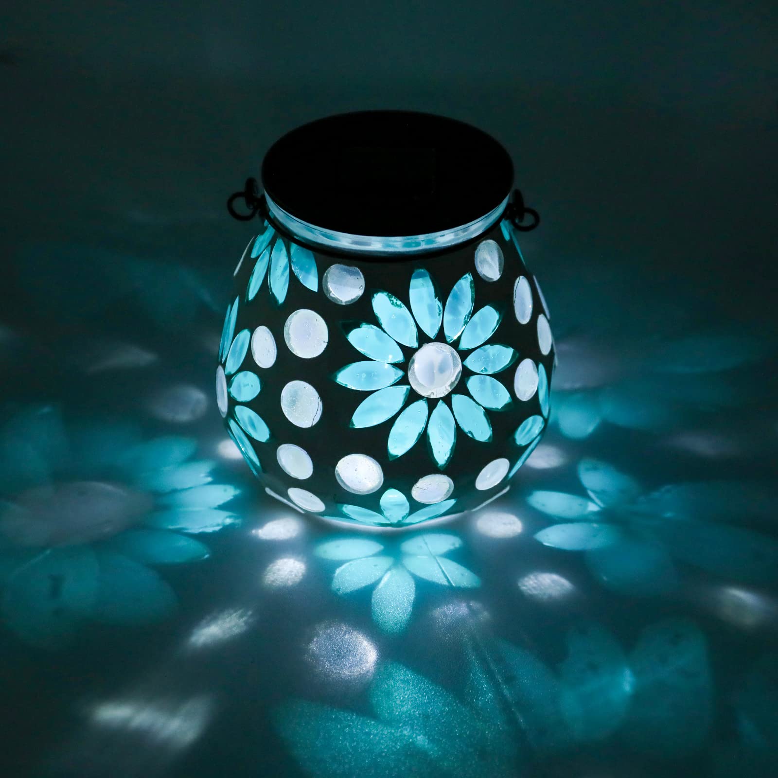 Afirst Mosaic Solar Lantern - Glass Hanging Outdoor Light, Waterproof Table Lamp, Blue Daisy, Model 4428721