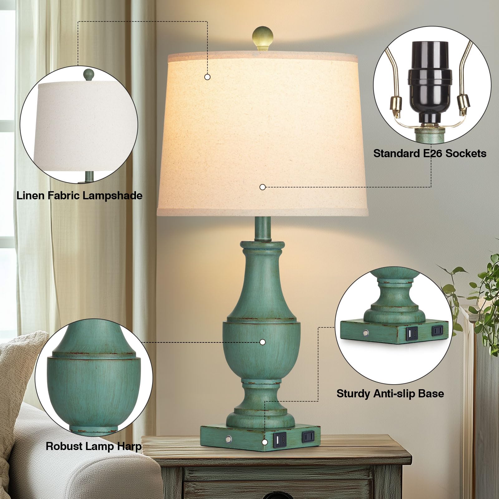 Rinweey Farmhouse Table Lamp Set Of 2, Rustic Touch Control 3-Way Dimmable Lamps With Usb A+C Charging Ports & Ac Outlet, Vintag