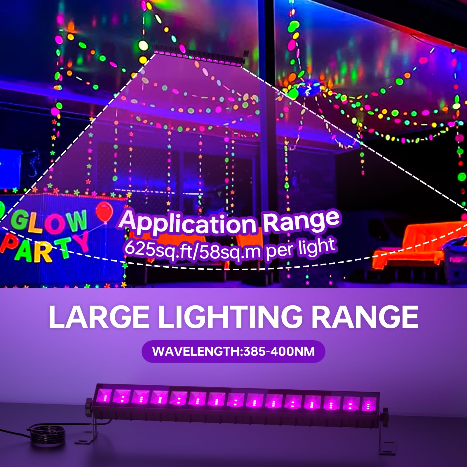 2 Pack Led Black Lights, Blacklight Bars With Plug+Switch+6Ft Cord, Light Up 24X24Ftx2, Ip66 Waterproof Blacklight For Glow Party, Fluorescent Poster, Body Paint, Halloween Decorations, Bedroom, Stage