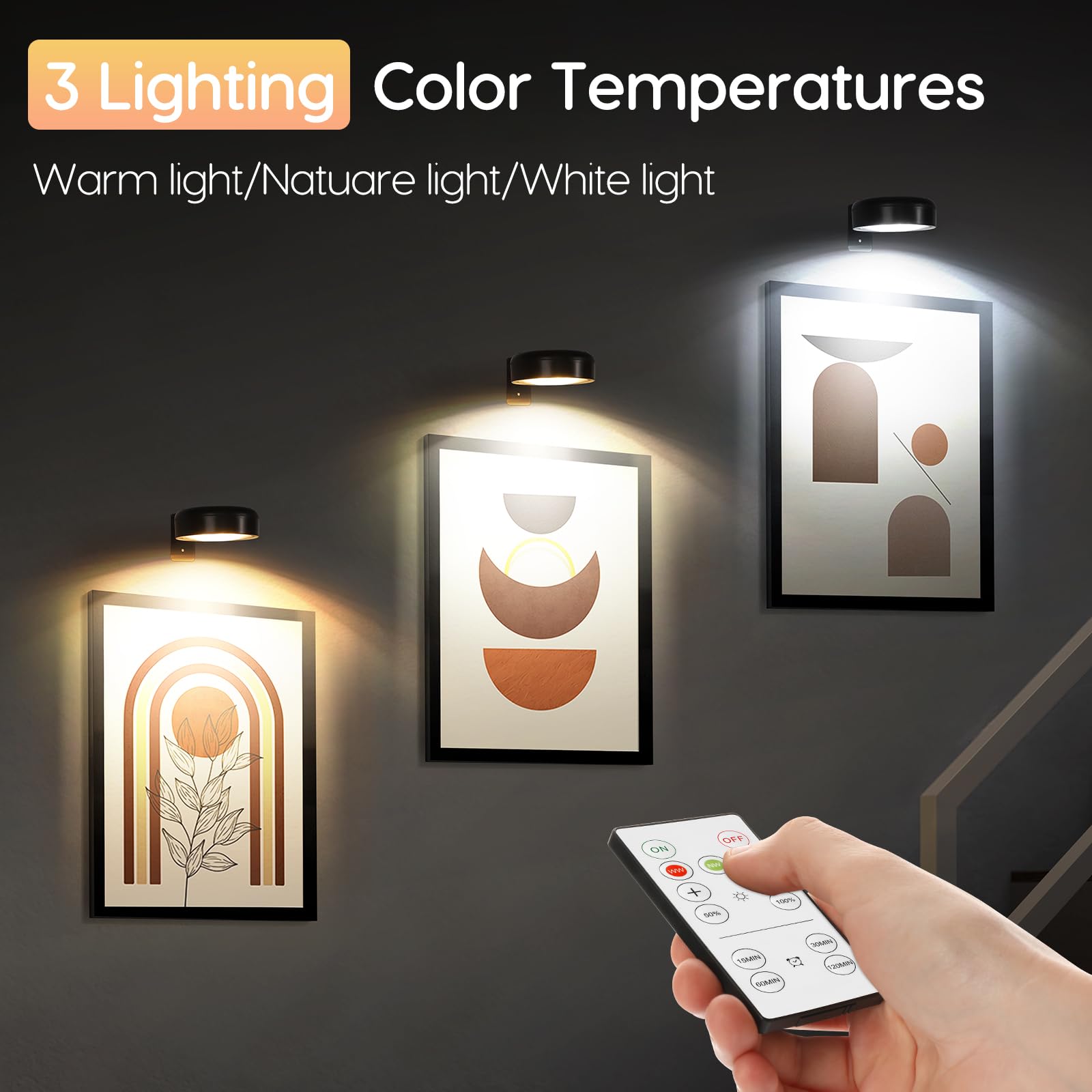 Arixinks Wireless Picture Light, Rechargeable, 3 Lighting Colors, Dimmable, Black 6Pack, Model EK