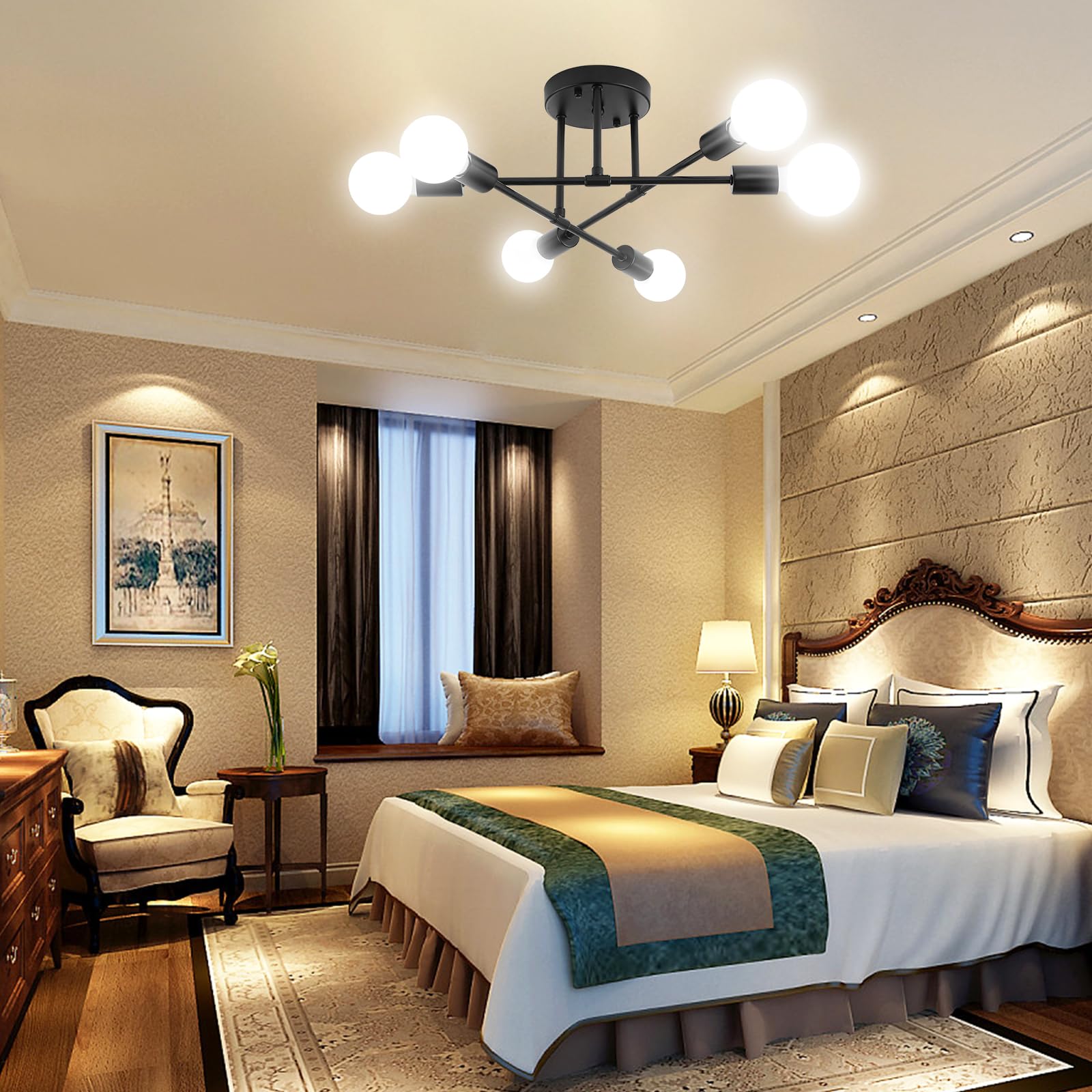 Dellemade Modern Sputnik Chandelier, 6-Light Ceiling Light, Flush Mount Ceilihg Light Fixture For Bedroom,Dining Room,Kitchen,Of