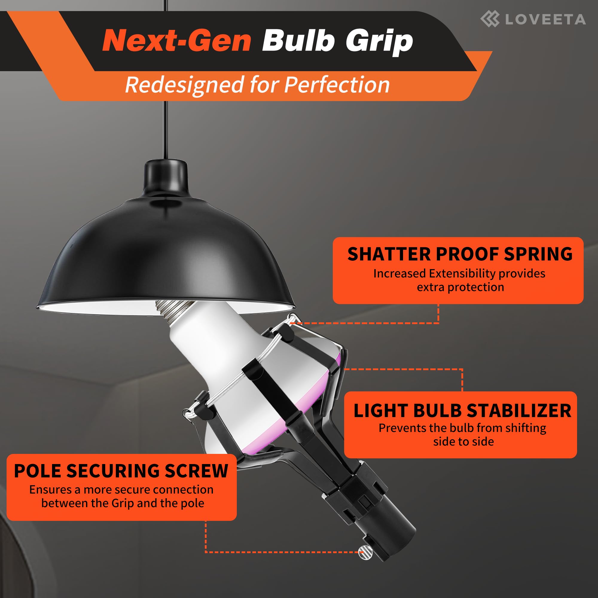LOVEETA® Extendable Light Bulb Changer Pole, 12Ft (18Ft Reach), Aluminum, Jet Black, Model LBC1 for High Ceilings and Chandeliers