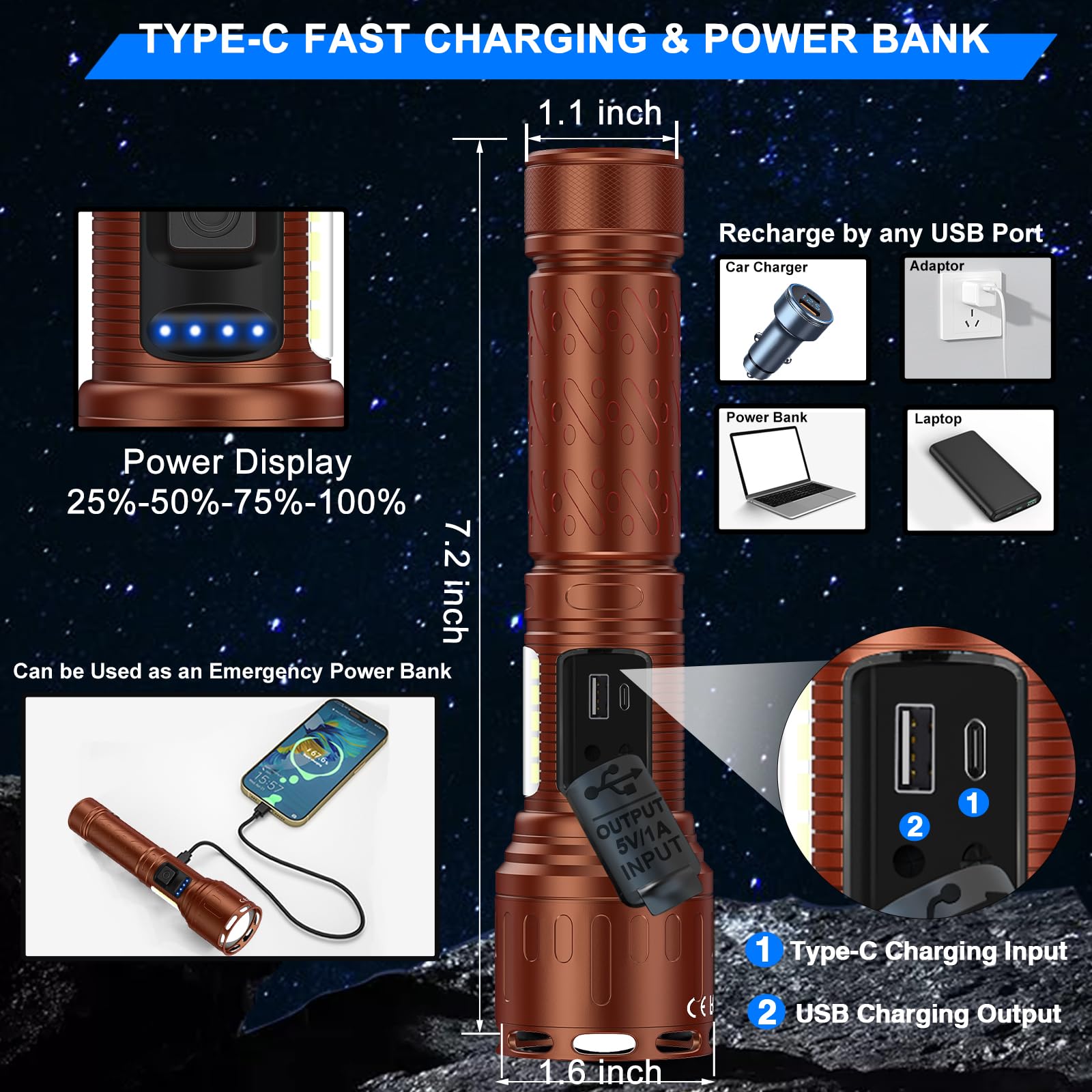 Banral Rechargeable Magnetic Flashlights 100,000 Lumens, 8 Modes, Waterproof, Aluminum, Brown, Model K-2303-B, 2 Pack with Leather Box