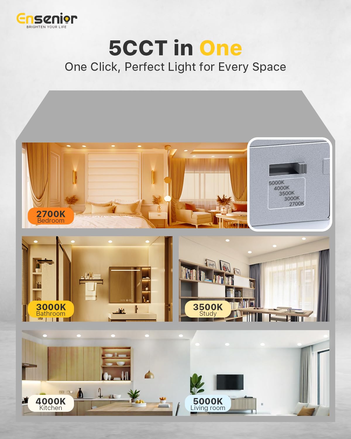 Ensenior 6 Pack 4 Inch Ultra-Thin Led Recessed Light With Junction Box, 2700K-6000K Selectable, 9W 75W Eqv, Dimmable, 750Lm High