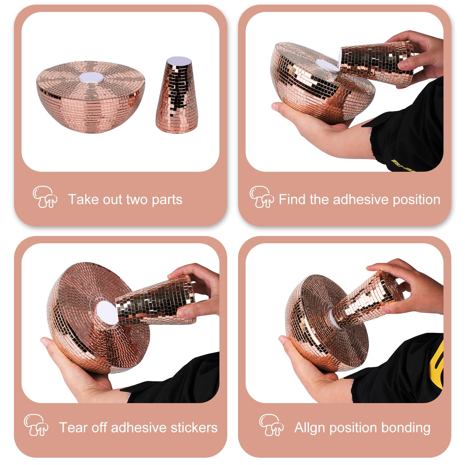 Yeehlmer Creative Mushroom Disco Ball For Party Table Decor Mirror Retro Handmade Disco Ball Mushroom Shape Home Art Decorations Bar Ornaments(Rose Gold L(8.3))