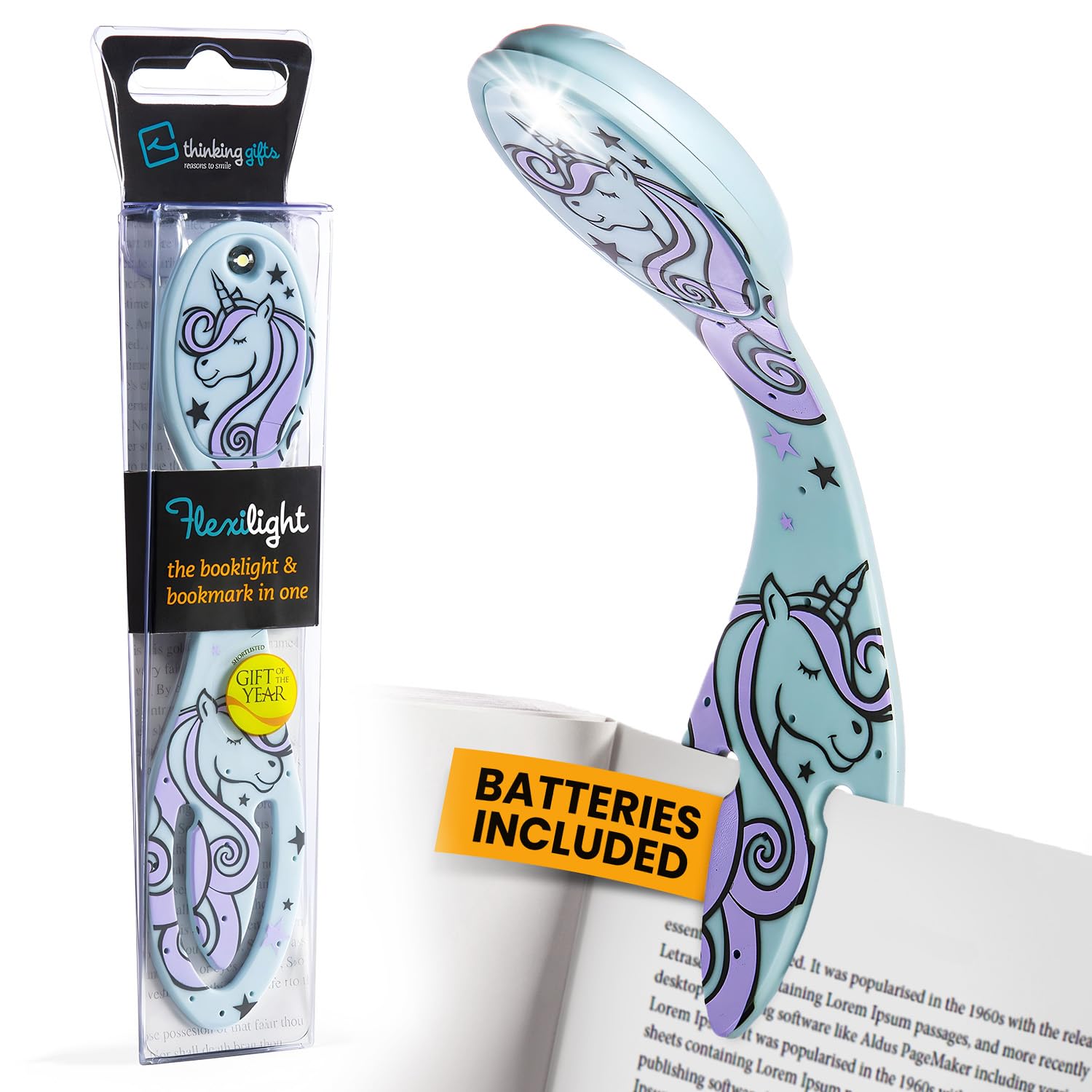 Gifts for Readers & Writers Flexilight Reading Light - 2 in 1 Bookmark Book Lamp, Battery Operated, Unicorn Color, Model 2