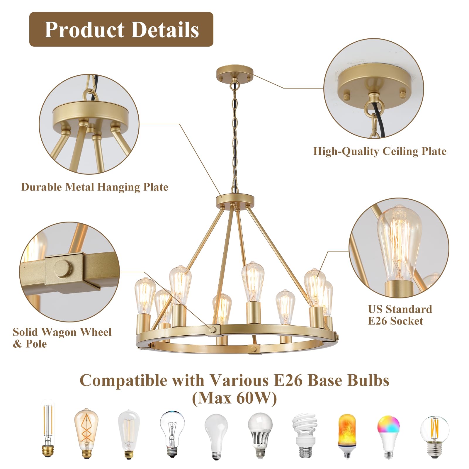 9MMML Golden Wagon Wheel Chandelier, 8 Lights, Height Adjustable, Metal, Model MA8033P8GD, Luxury Pendant Light for Kitchen, Dining Room