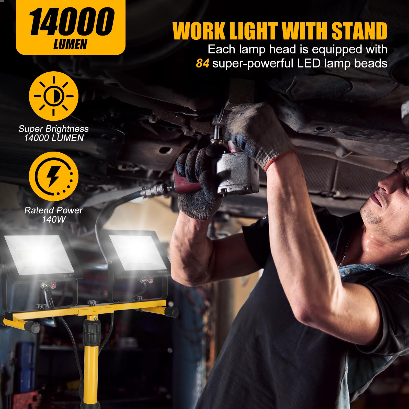 14000Lumen Led Work Lights With Stand - 2 Head Portable Work Light On Stand - Ip66 Waterproof Tripod Worklights For Outdoor Indoor Job Site Workshop Garage Construction Site Lighting