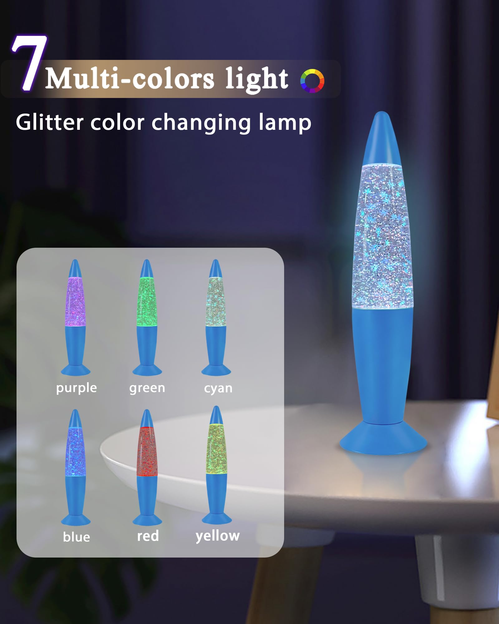 Vanful Glitter Motion Lamp with 7 Colors Changing for Adults and Kids, Blue LED Lamps with Snowflake Sparkles Beautiful for Home
