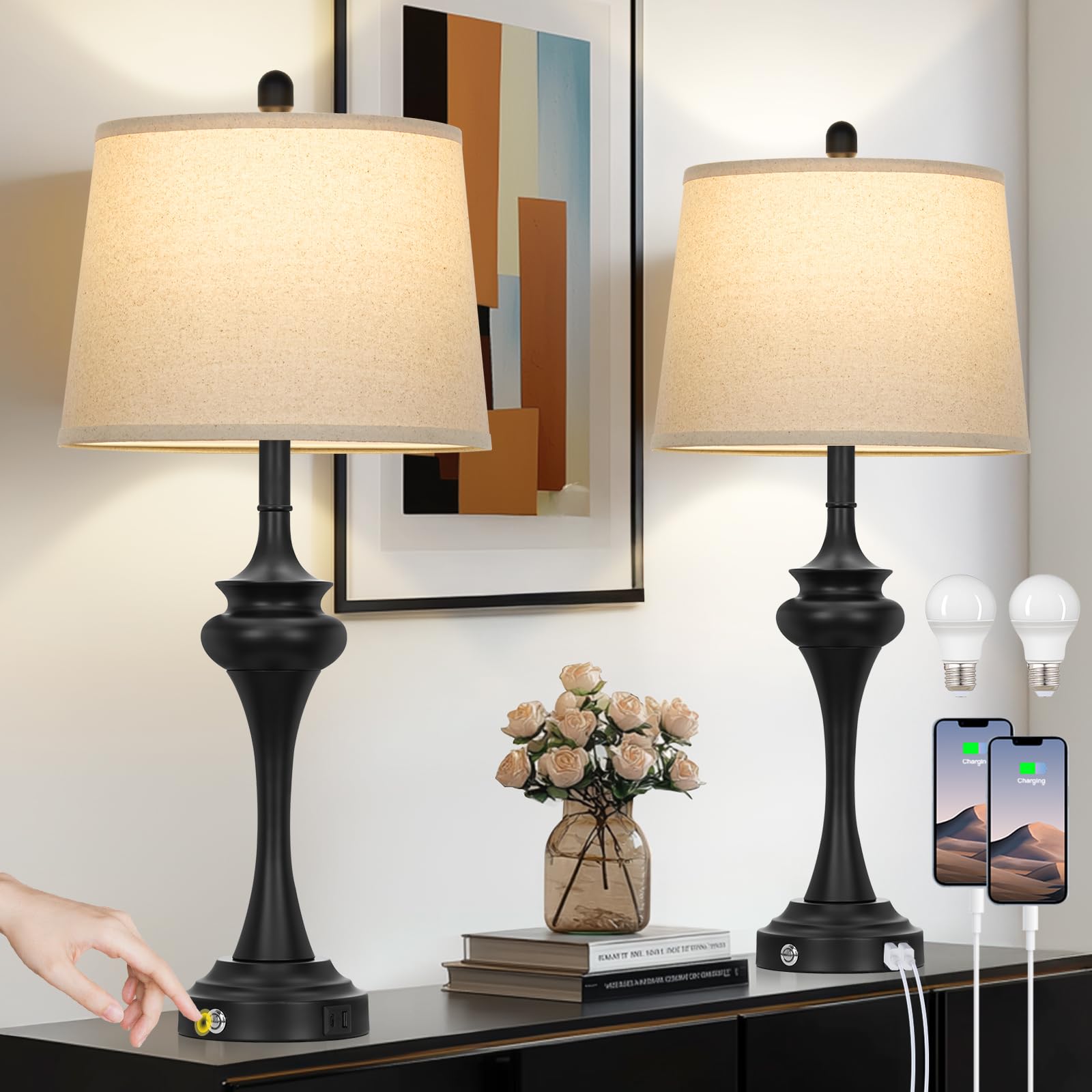 Rinweey 30 Black Tall Table Lamps for Living Room  Touch Control Bedside Lamp with USB A+C Ports  3-Way Modern Bedroom Table Lamps Set of 2  Elegant Metal Lamp for Nightstand Desk Side Table Office
