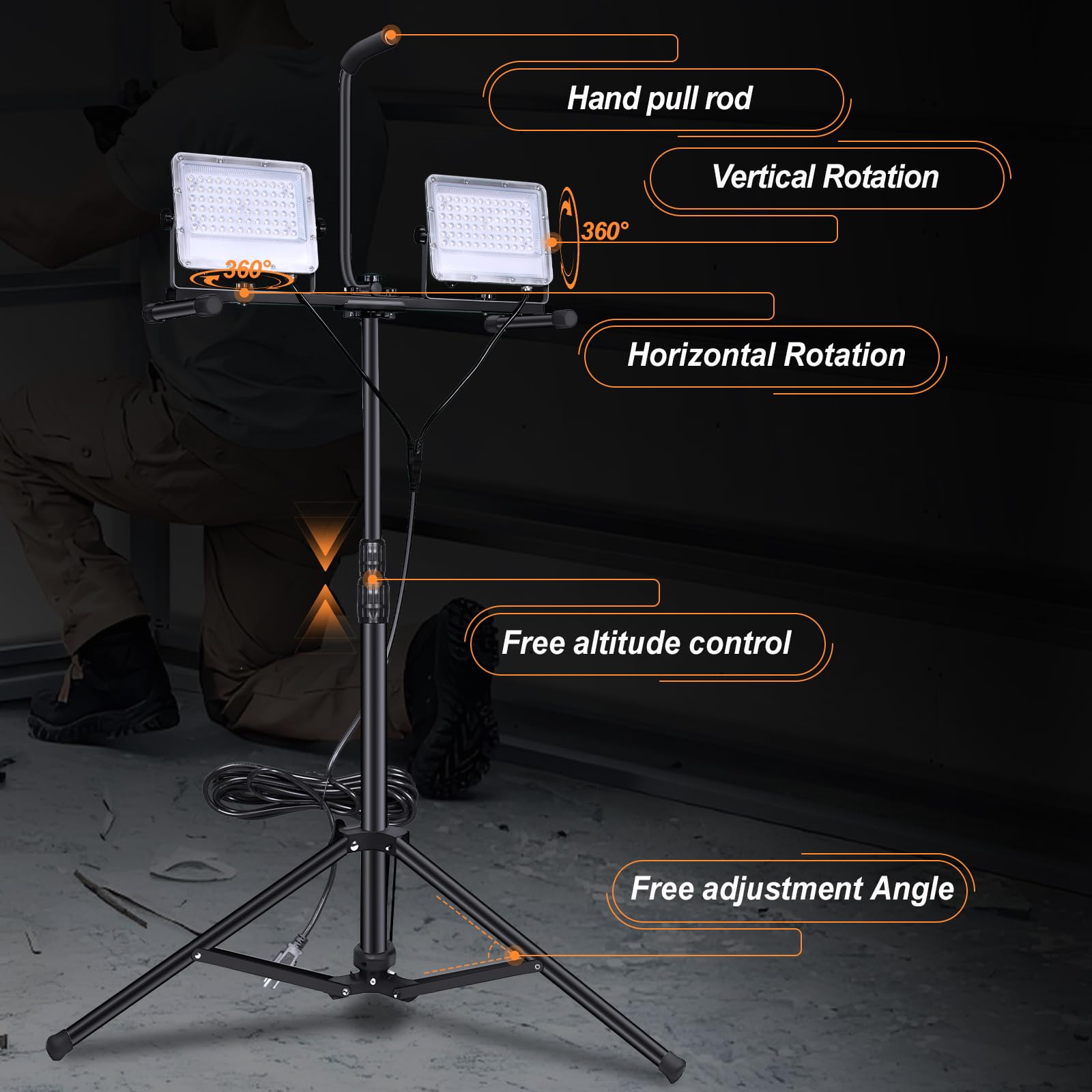 Work Lights 21000 Lumen Led Work Lights With Stand, Dual Head Led Work Light Waterproof Led Work Light 200W Led Work Lights Port