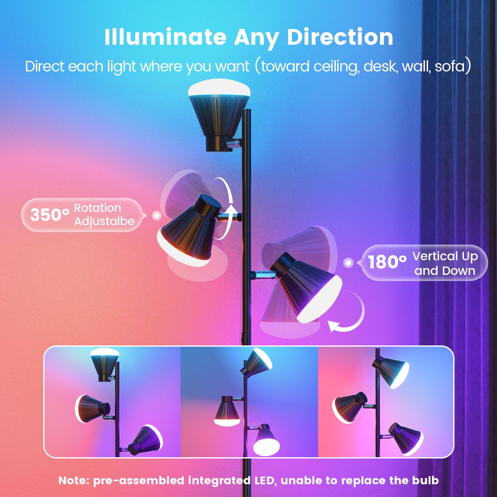 SIBRILLE RGB Floor Lamp, 36W LED Dimmable, Remote Control, Black, Model LB-8058