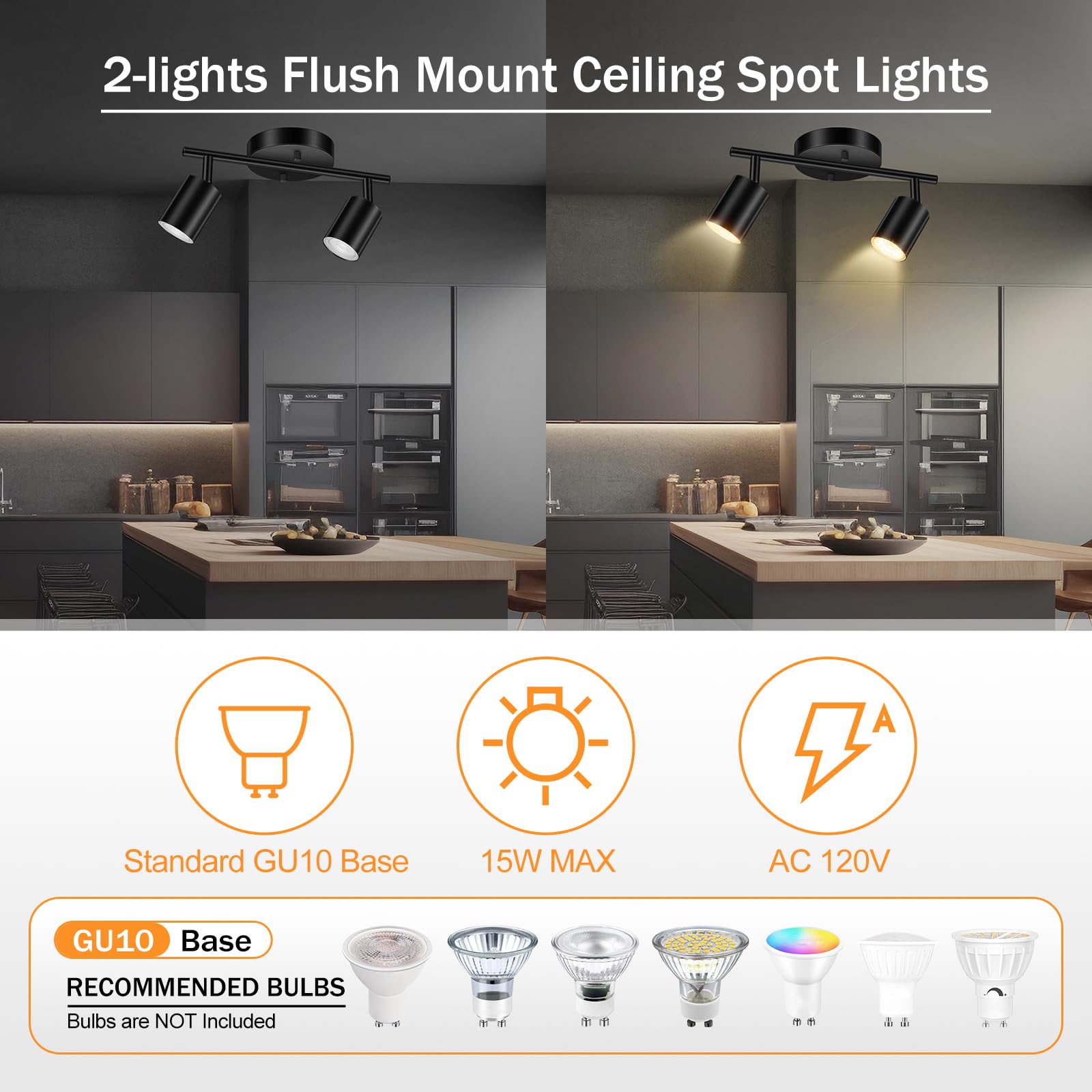 Black Track Lighting Ceiling, 2 Lights Track Lighting For Kitchen, Modern Track Lights Fixtures Ceiling Kit, Rotatable Track Hea