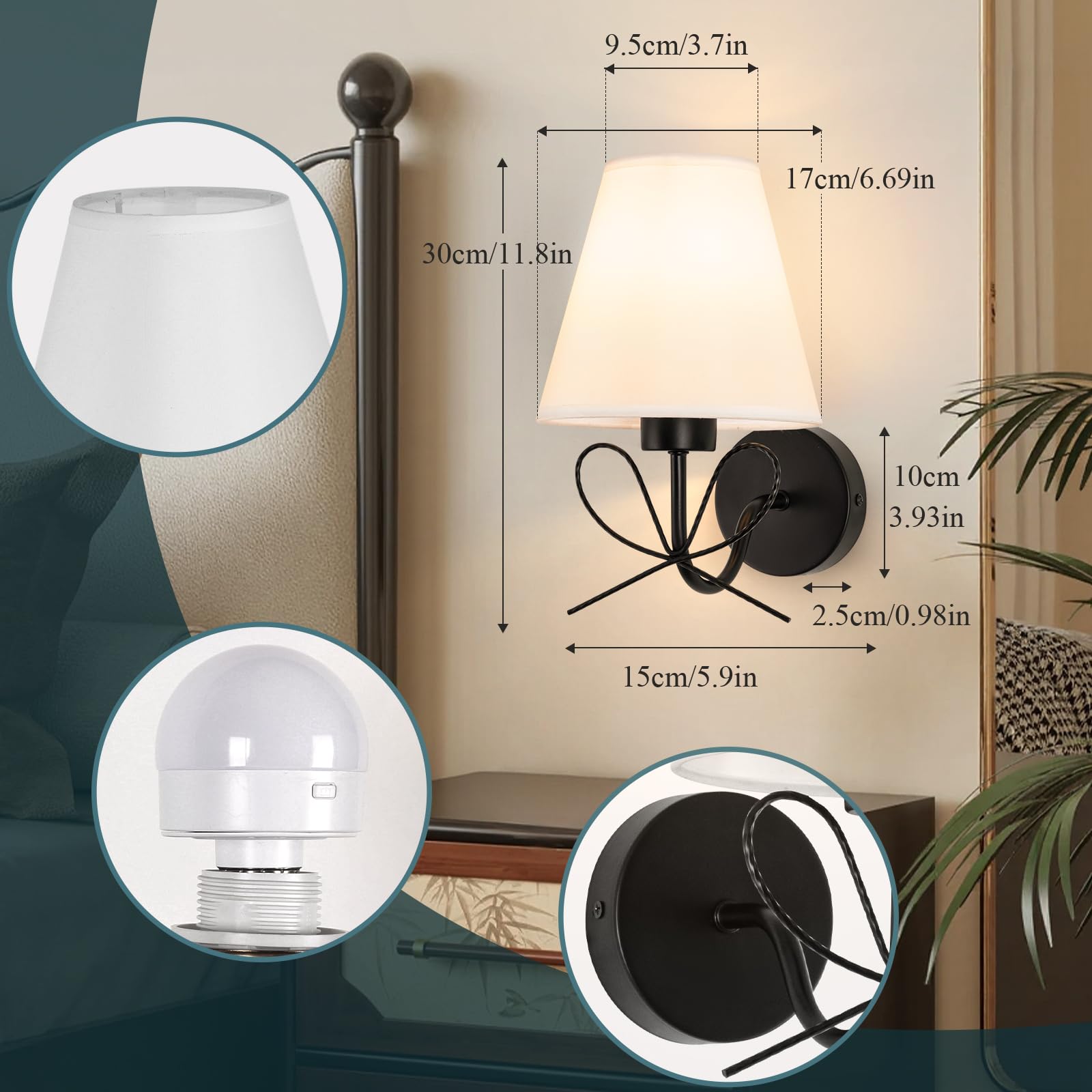 ADISUN Wall Sconce Set of Two, Battery Operated, Dimmable, Matte Black, Wireless, Includes 2 Bulbs