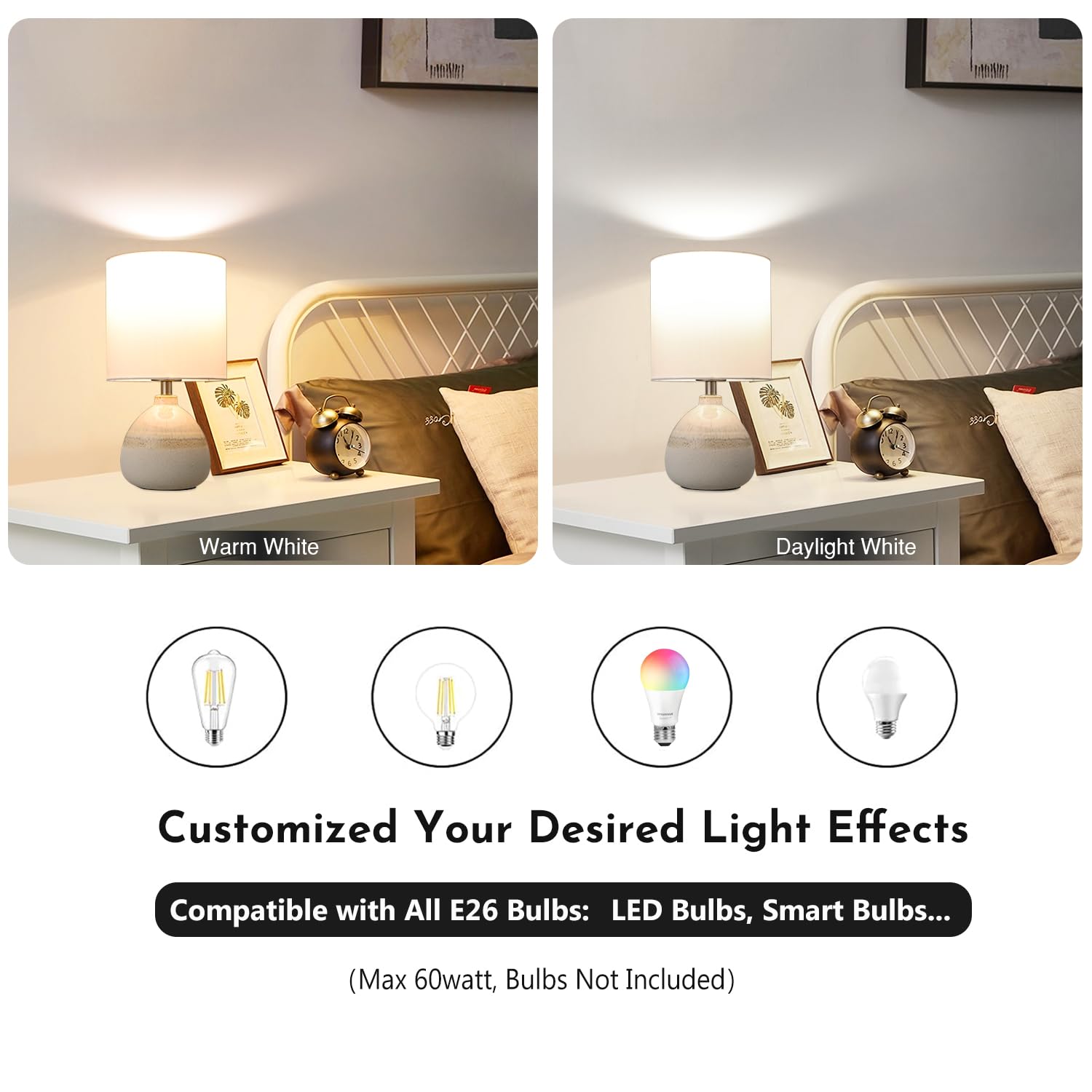 Set Of 2 Ceramic Table Lamp For Bedroom, Small Table Lamp White Farmhouse Rustic Lamp Set Bedside Table Lamps For Nightstand Sid