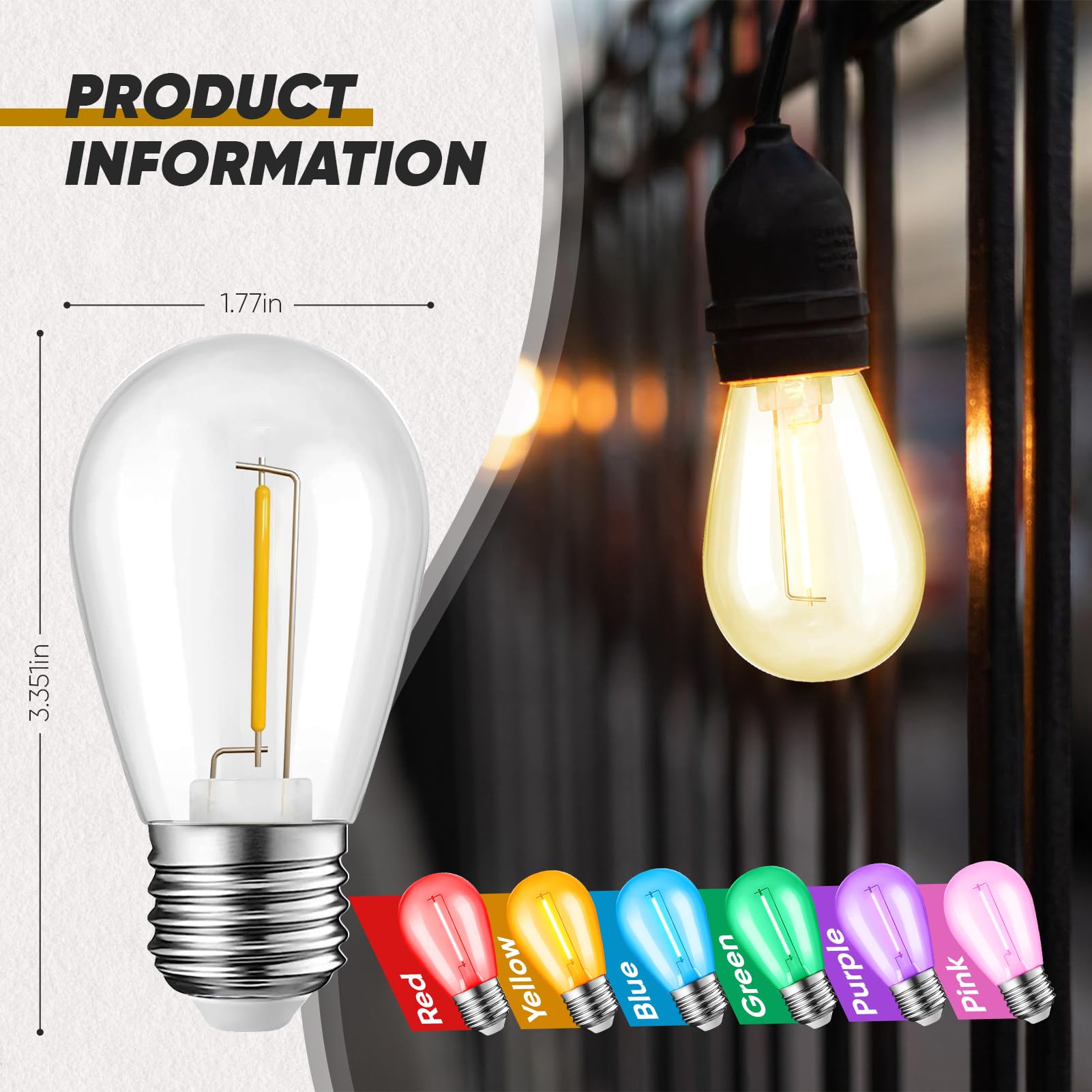 JAHEKS 12-Pack S14 LED String Light Bulbs, Multicolor Outdoor Indoor, 1W E26 Base, Perfect for Holiday Decor