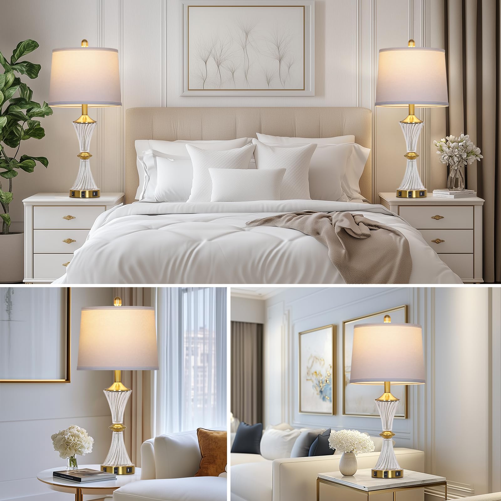 Rinweey Modern Crystal Glass Table Lamp Set of 2, Gold with USB Ports, Includes LED Bulbs, Ideal for Bedroom & Living Room