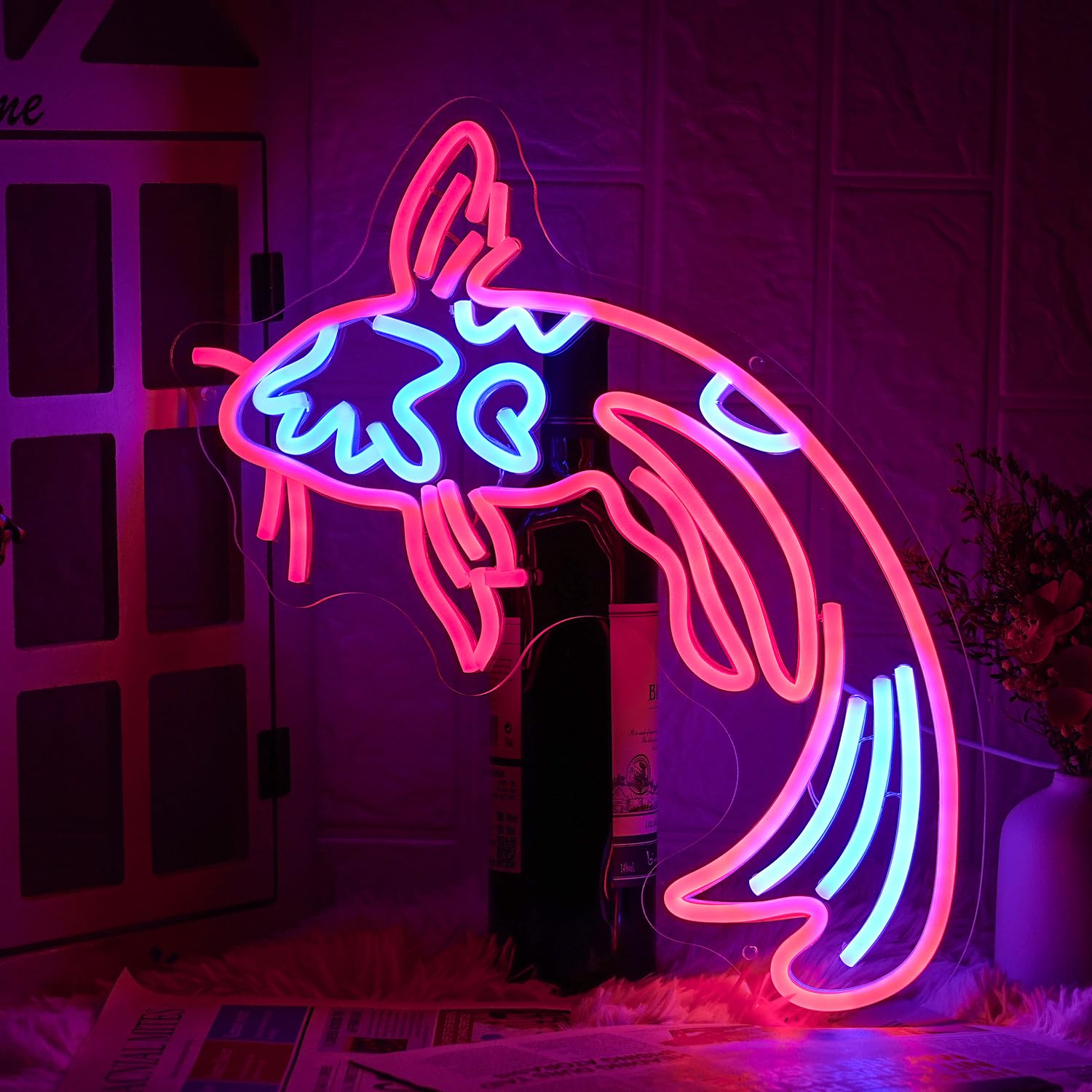 LMSIGNLY Koi Fish Neon Sign LED Wall Decor 17inx9.5in Red & Blue Lucky Fish Neon Light for Bar, Restaurant, Office, Living Room