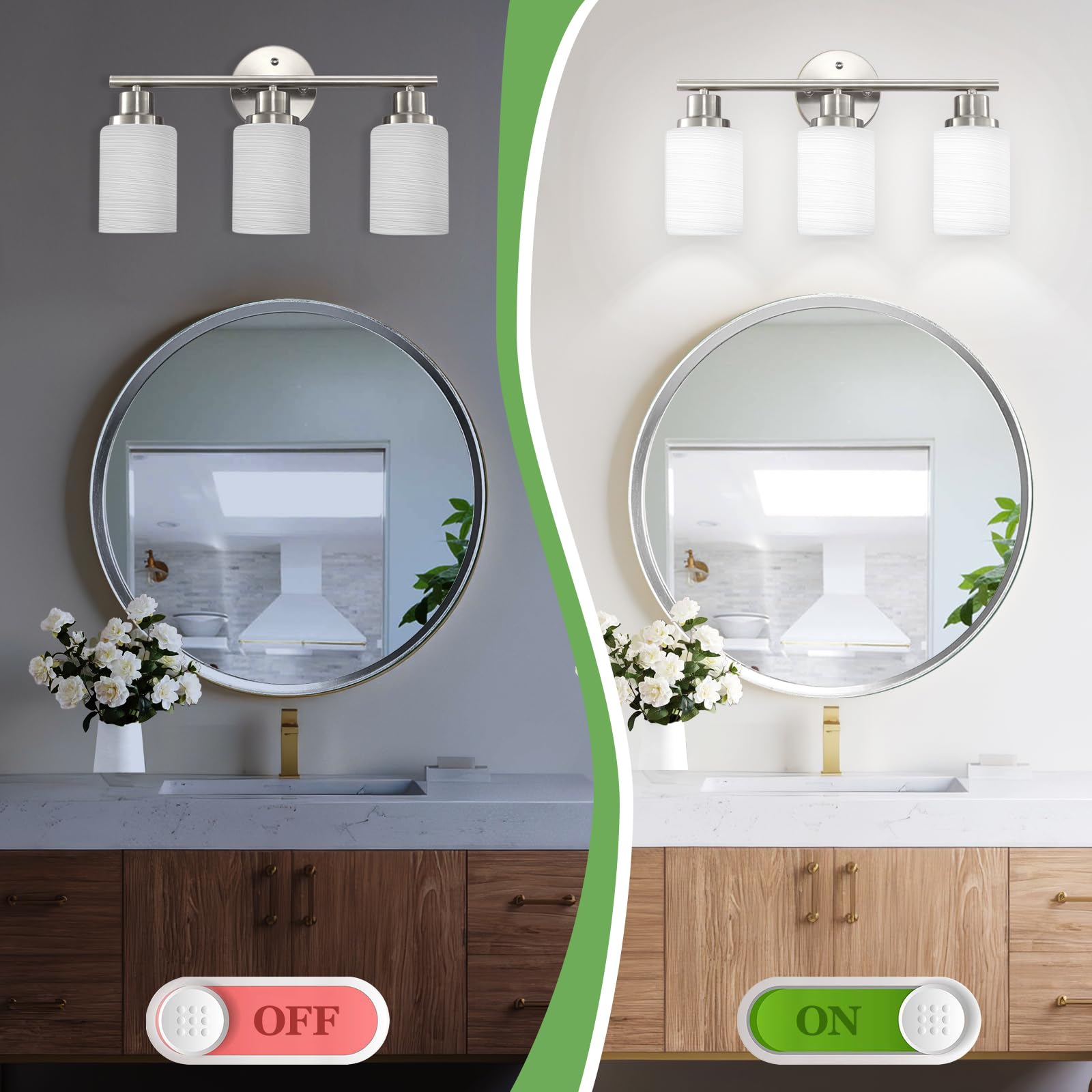 Guliaofo 3-Light Bathroom Vanity Light, Brushed Nickel Vanity Light For Bathroom, Bathroom Light With Milky White Frosted Glass