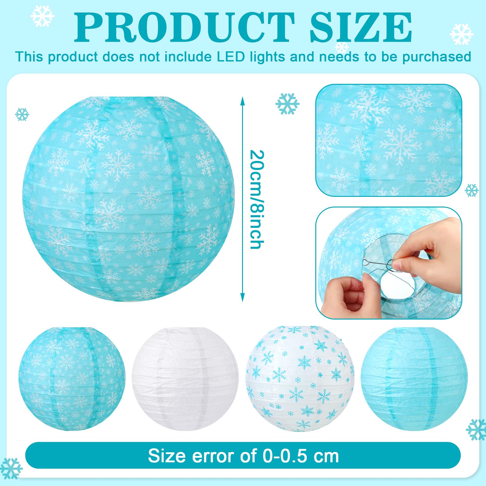 Panelee Snowflake Paper Lanterns - 12 Pcs Hanging Decorations for Parties - 8 Inch - Indoor/Outdoor Holiday Supplies