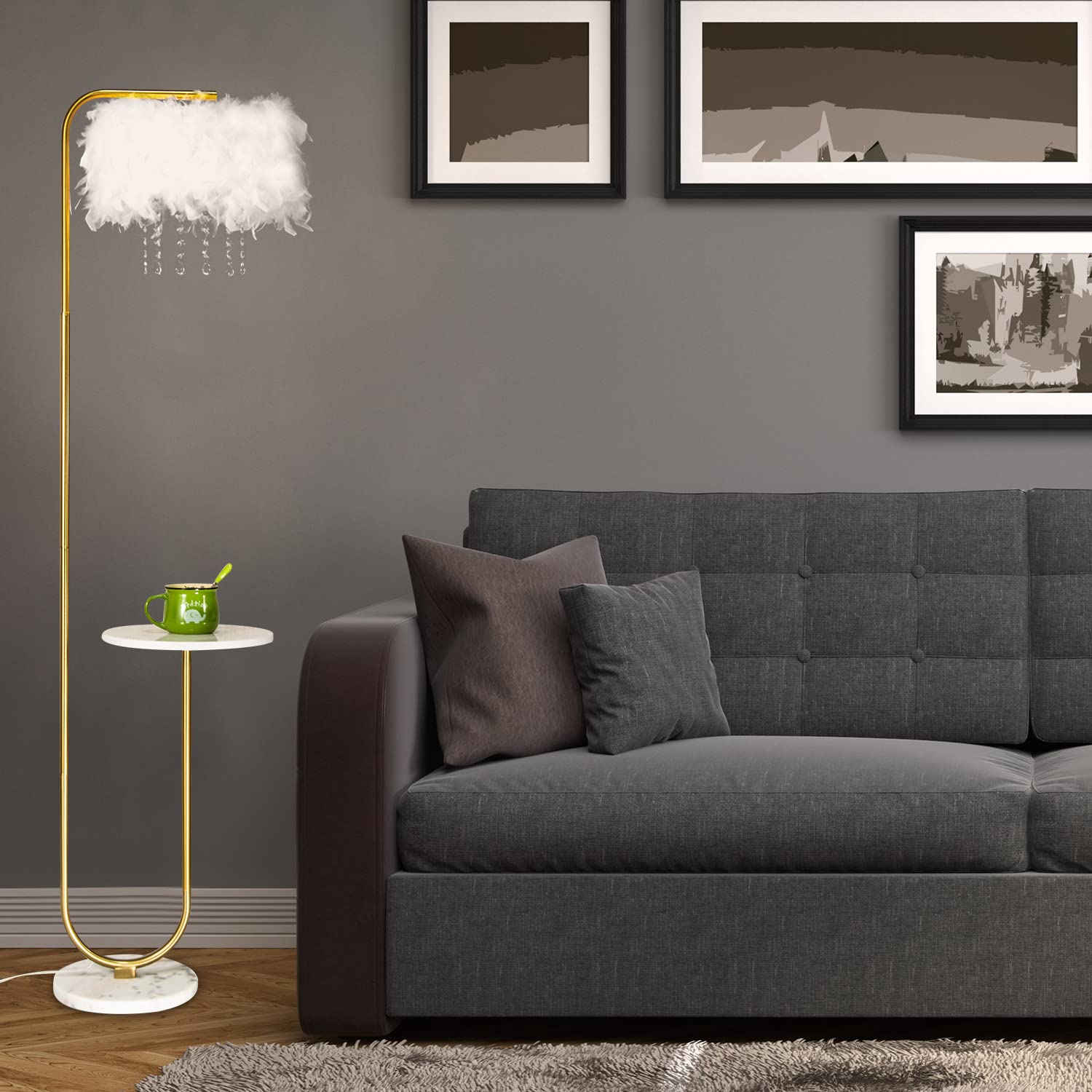 Beaysyty Unique Led White Feather Floor Lamp With Tray,Ostrich Feather Stand Lamp,Living Room Bedroom Office Shop Window Decorat