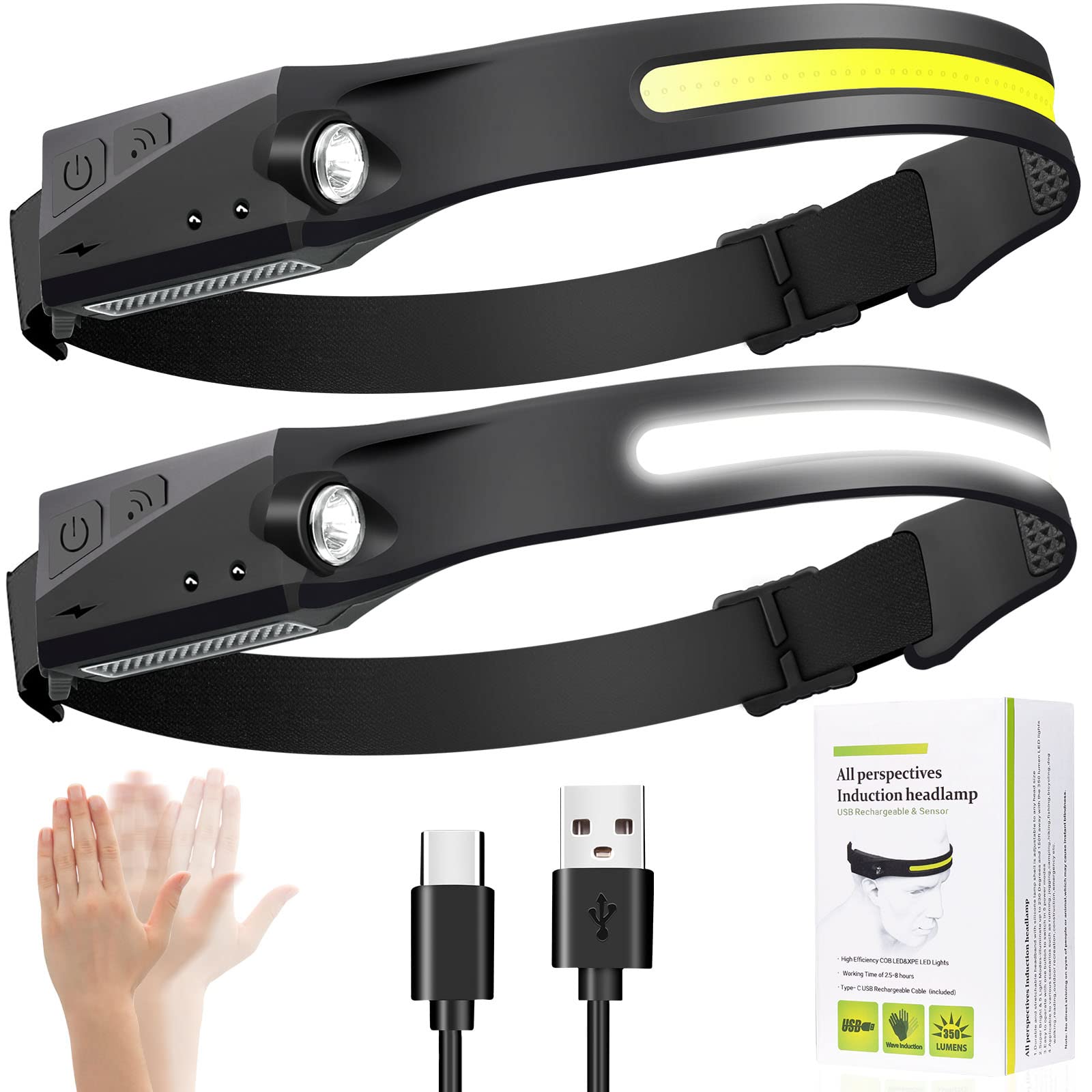 Headlamp Rechargeable 2-Pack, Rechargeable Led Headlamp 230 Wide Beam,With Motion Sensor, 5 Brightness Modes, Ipx6 Waterproof, 1