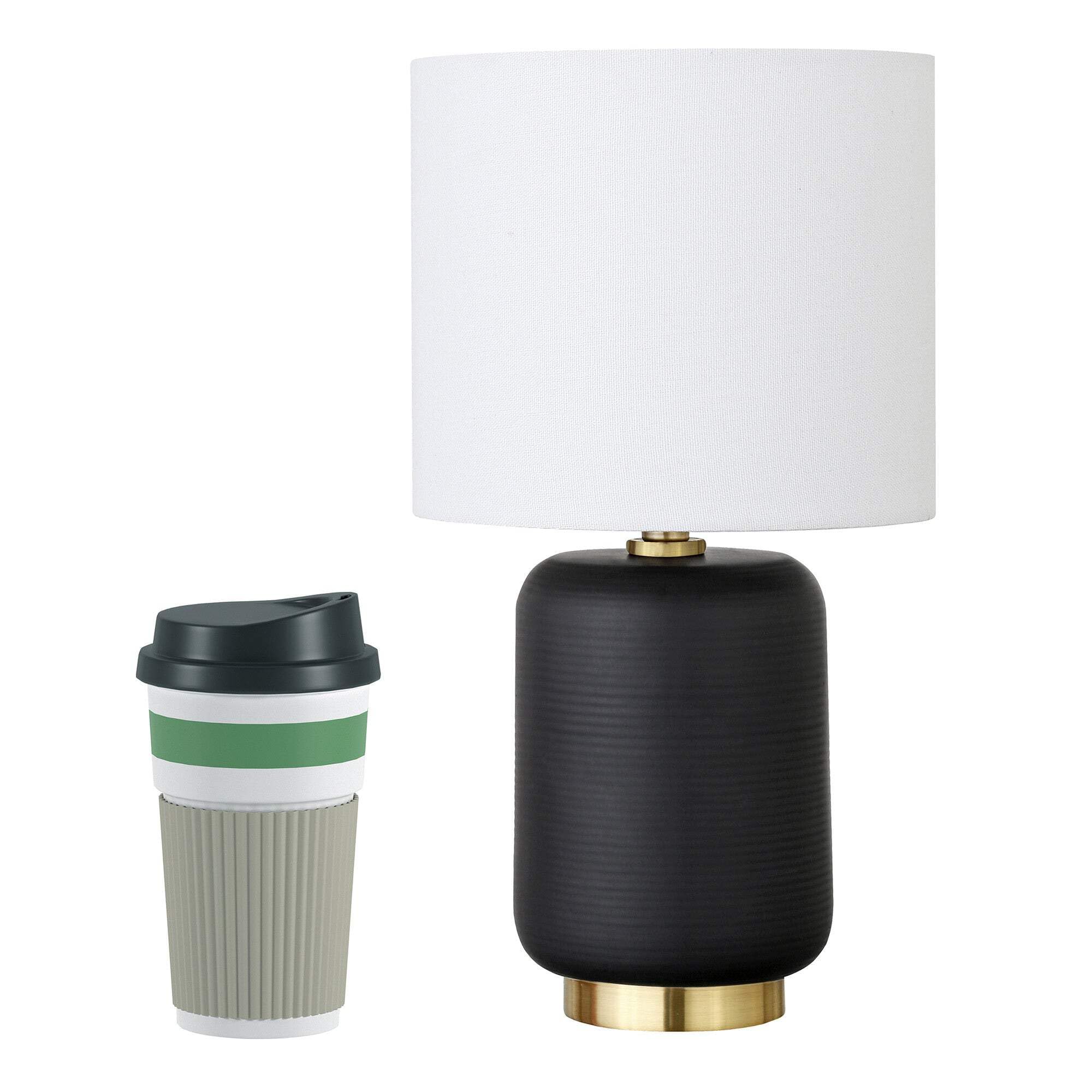 Homeroots 546123 15 In. Ceramic Cylinder Table Lamp With White Drum Shade Black & Gold