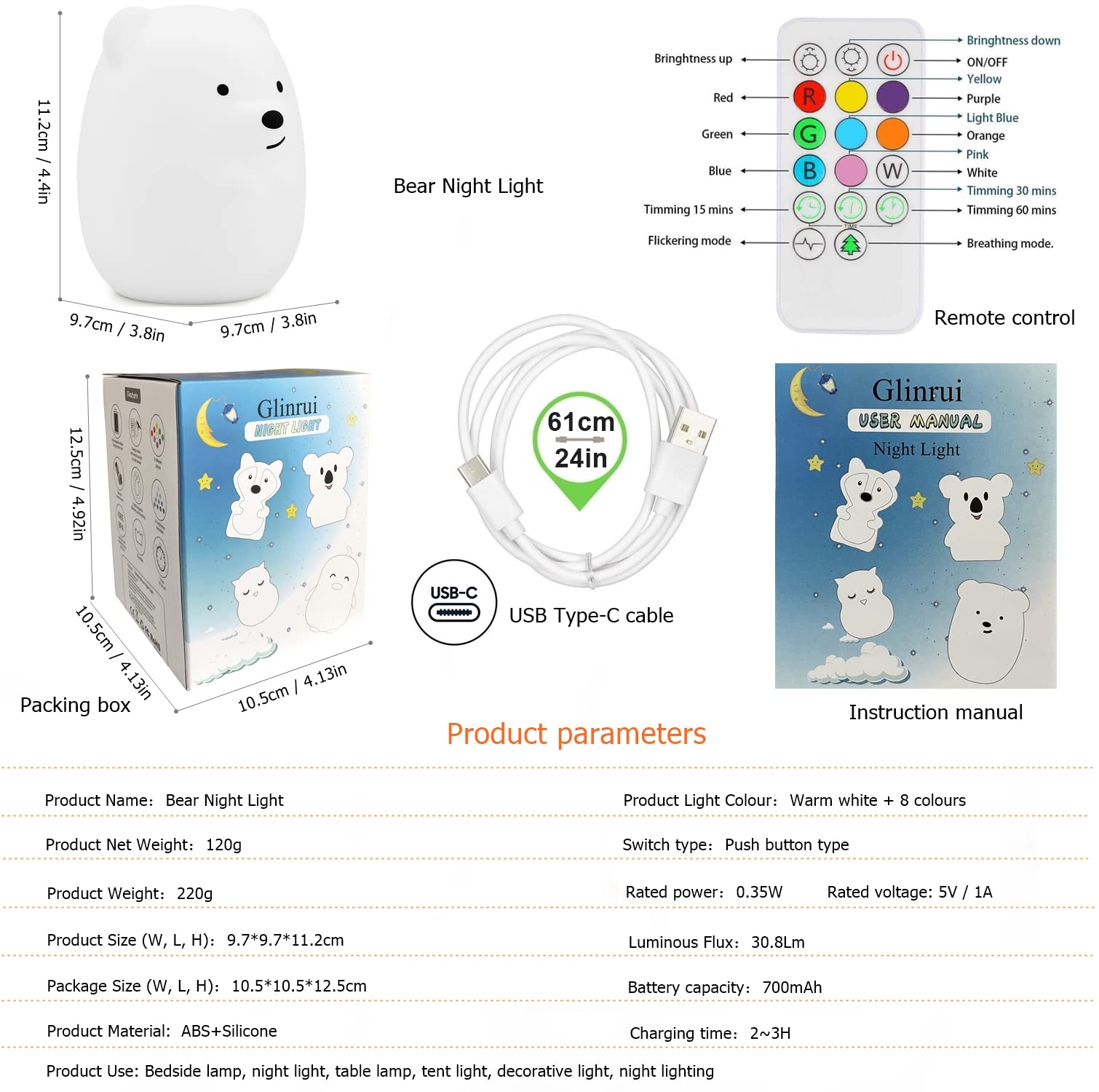 Glinrui Bear Night Lights for Kids, Bedside lamp for Children, Baby Nursery Light - Break Resistant/Eye Caring/Adjustable Bright