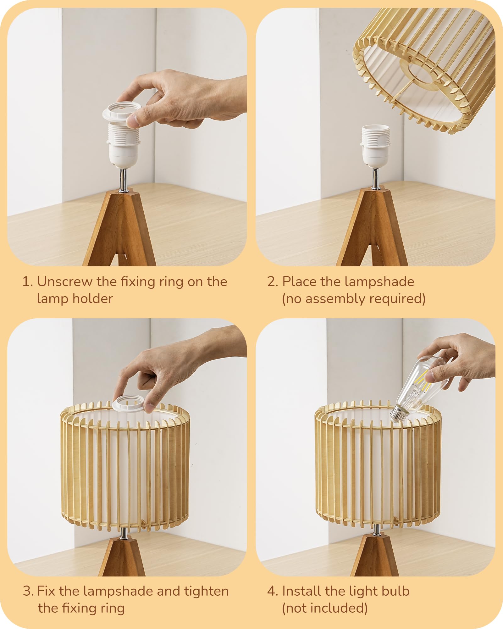 Edishine 14.17'' Small Table Lamp, Wood Tripod Bedside Lamp, Natural Wood-Colored Hollow & White Pvc Shade, E26 Base, Boho Night