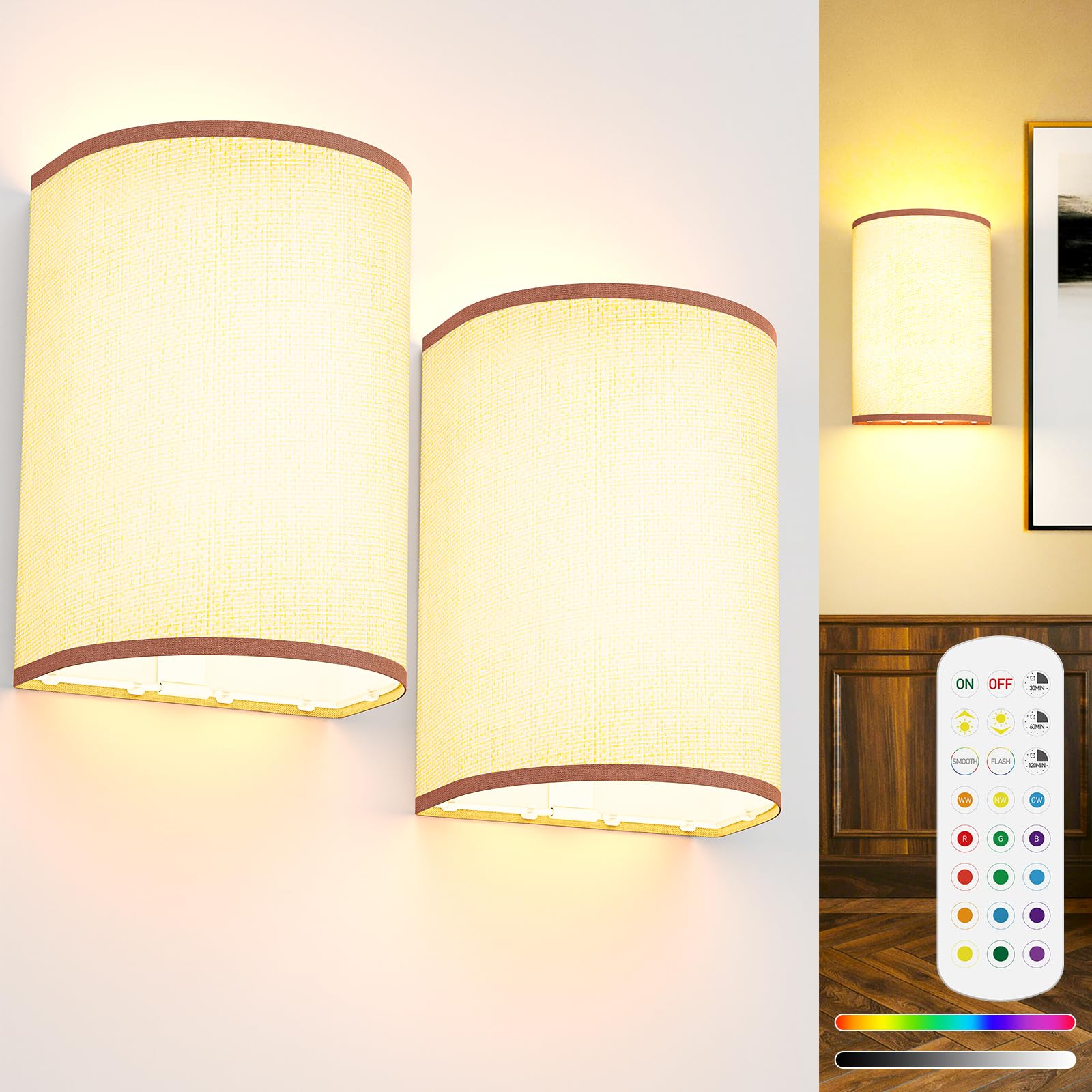 PRTILOUD Battery Operated Wall Sconces Set of 2, Rechargeable Wall Sconces 15 Colors Wall Lamp with Remote 10 Levels Brightness,