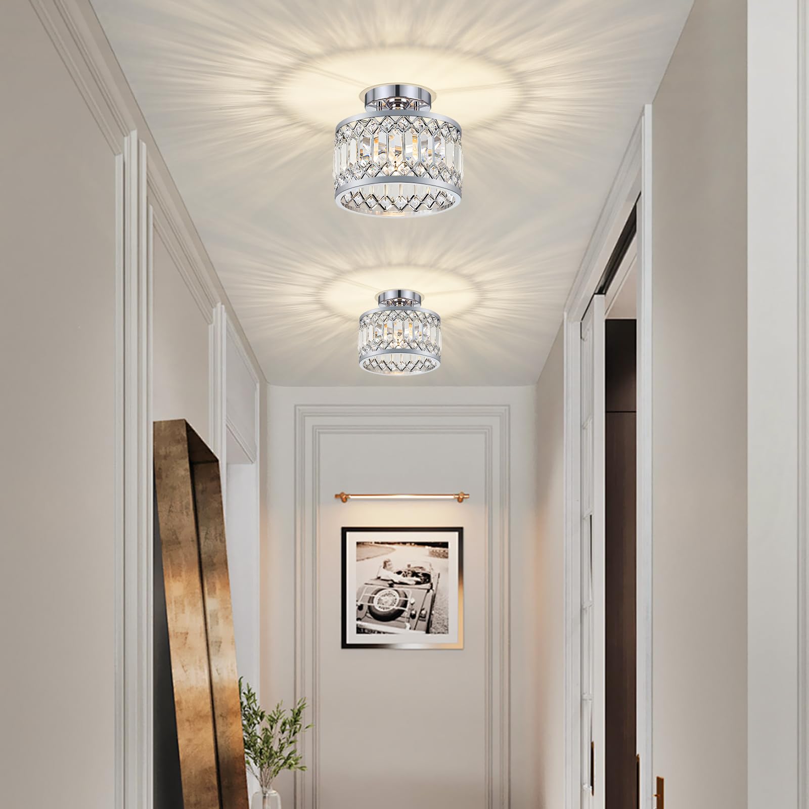 Yurnyq Crystal Ceiling Light Fixture, Modern Semi Flush Mount Ceiling Light, Chrome Lighting Fixtures Ceiling Lamp For Hallway,