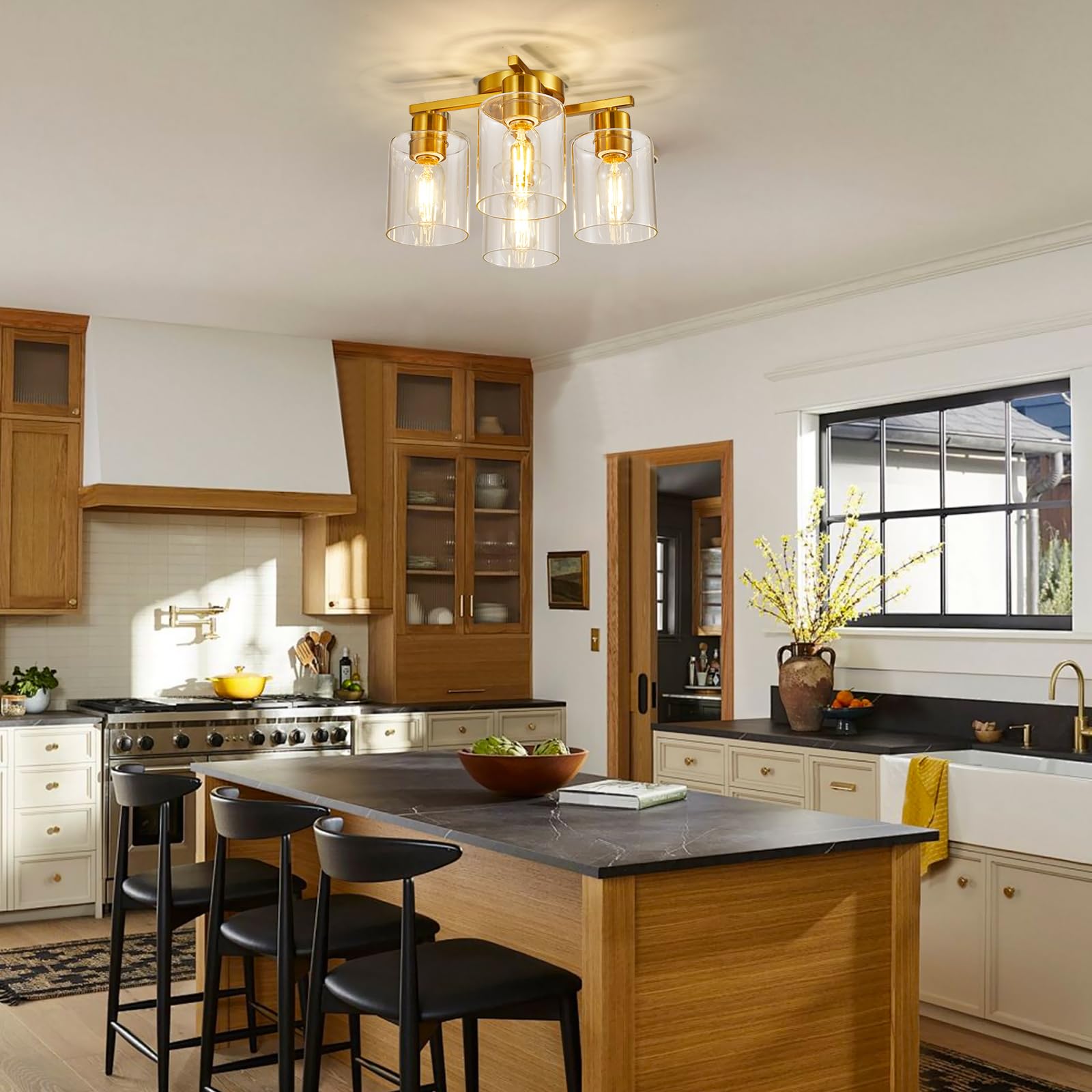 Diduio 4 Light Semi Flush Mount Ceiling Light Brushed Gold Kitchen Lighting Fixtures Ceiling Brass Hallway Cieling Lights Fixtur