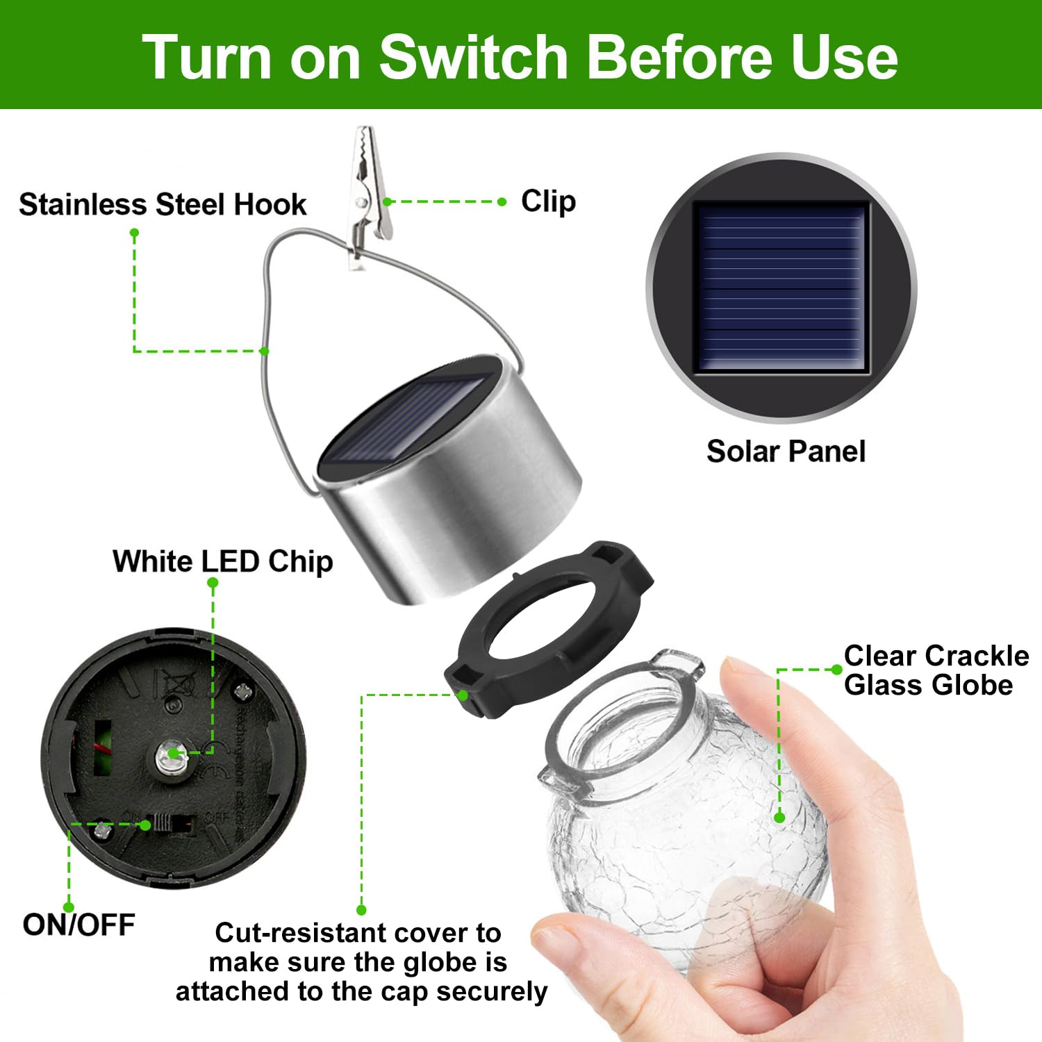 Partphoner 32 Pack Hanging Solar Lights Outdoor, Waterproof Solar Globe Lantern With Handle And Clip, Decorative Cracked Glass B