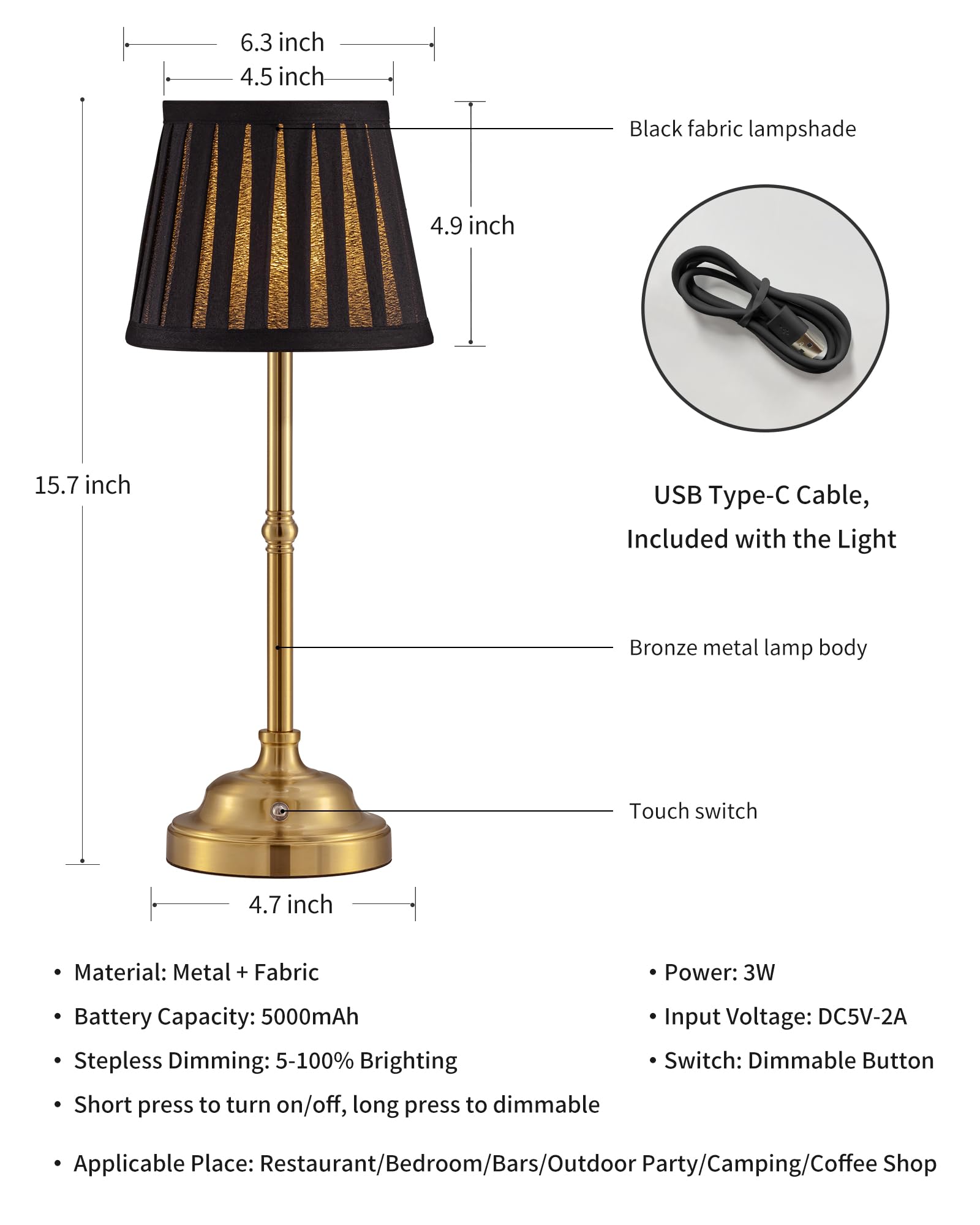 Kdg Cordless Led Table Lamp Set Of 2, Portables Fabric Shade Desk Lamps, 5000Mah Rechargeable Battery Powered Lighting, Dimmable Light For Dining Room, Bedroom, Bedside,Night Light, Balcony (Black)