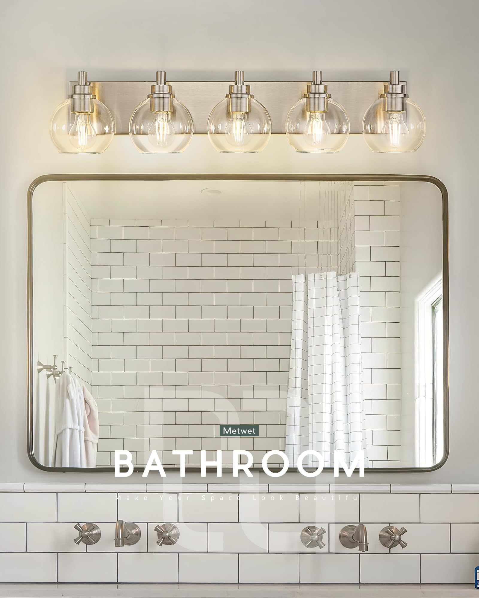 Metwet Bathroom Light Fixtures  5 Light Brushed Nickel Vanity Light  32 Inch Modern Wall Sconces With Globe Clear Glass Shade  Vanity Lighting Fixtures Over Mirror  Vl195-Bn-Cl-5