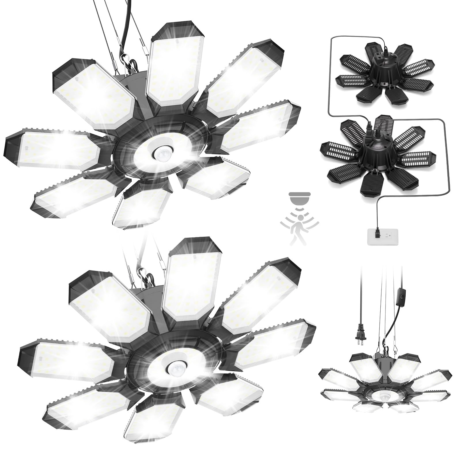 TANBABY Motion Sensor Garage Light 2 Pack, 250W LED Deformable Ceiling Lights, Black, Model T-300X