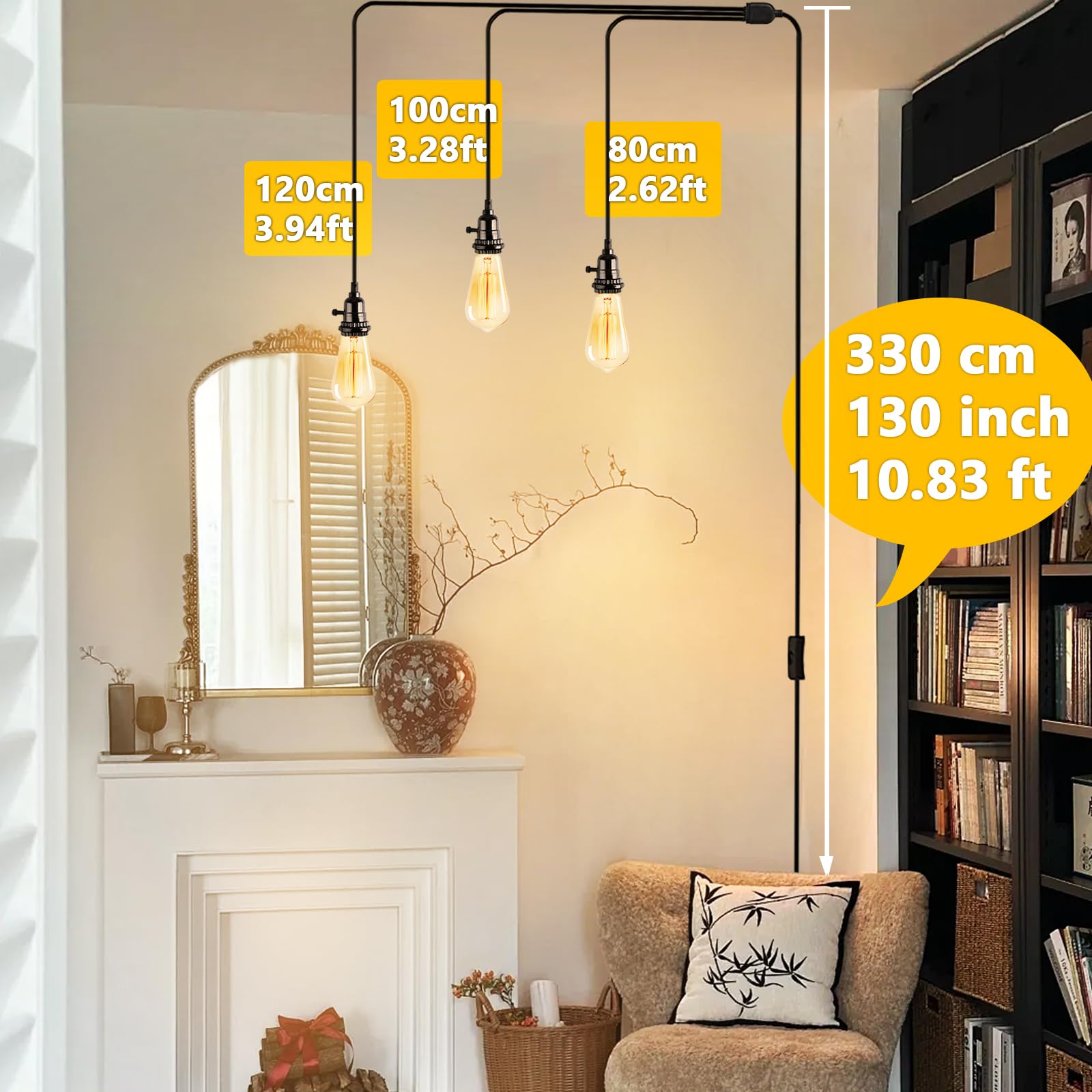 DTIEDY 3-Light Plug-in Pendant Light Kit, 21FT Cord with Switch, Vintage Black E26 Socket for Bedroom & Kitchen Island