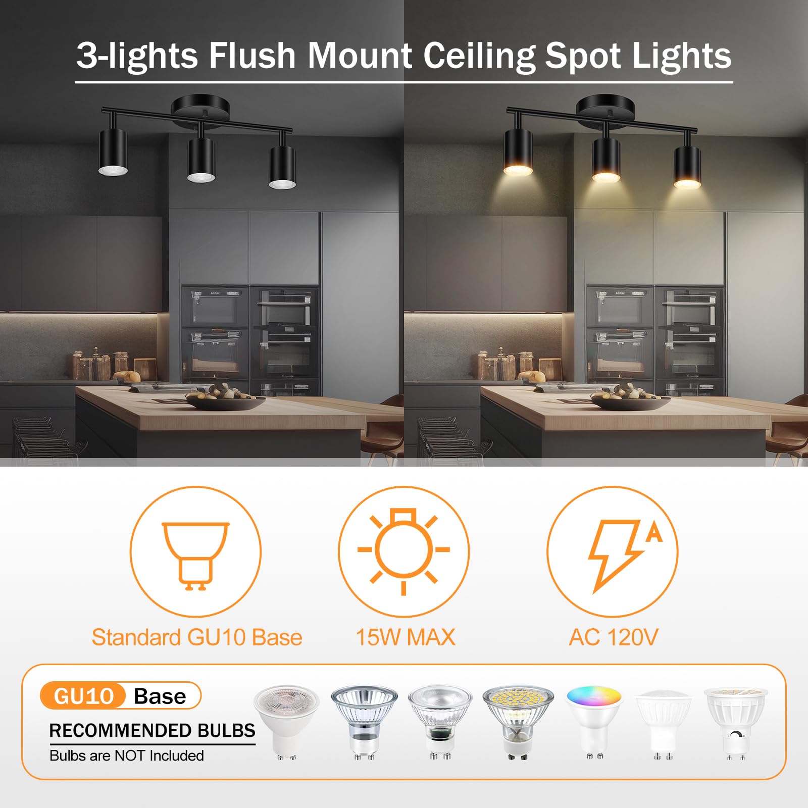 Led Track Lighting Fixtures Ceiling, Black 3-Light Track Lights For Kitchen, 3 Way Ceiling Spotlight, Flexibly Rotatable Wall Mo