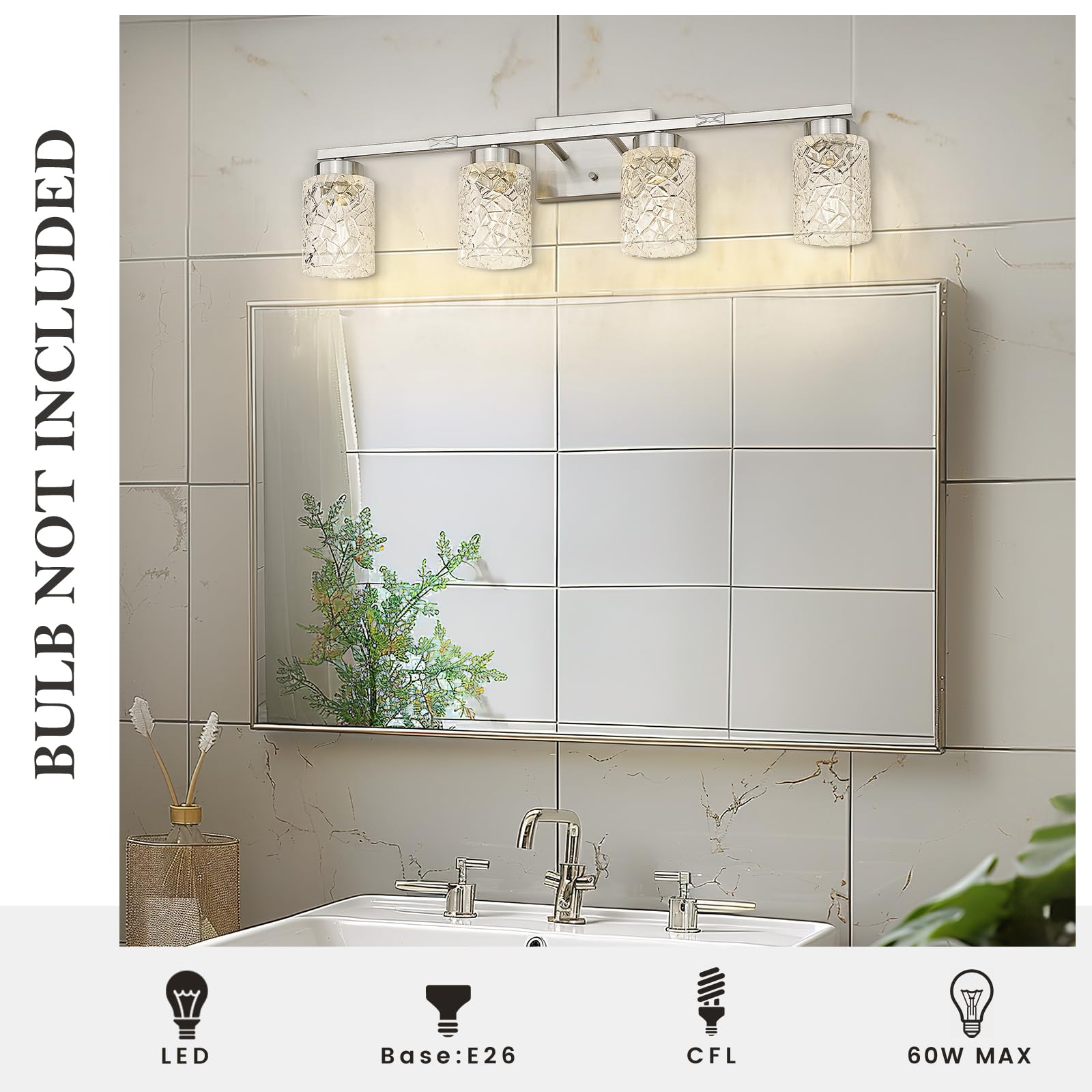 Emliviar 4-Light Sconce Wall Lighting, Brushed Nickel, Clear Geometric Glass, Model HE294B-4W BN