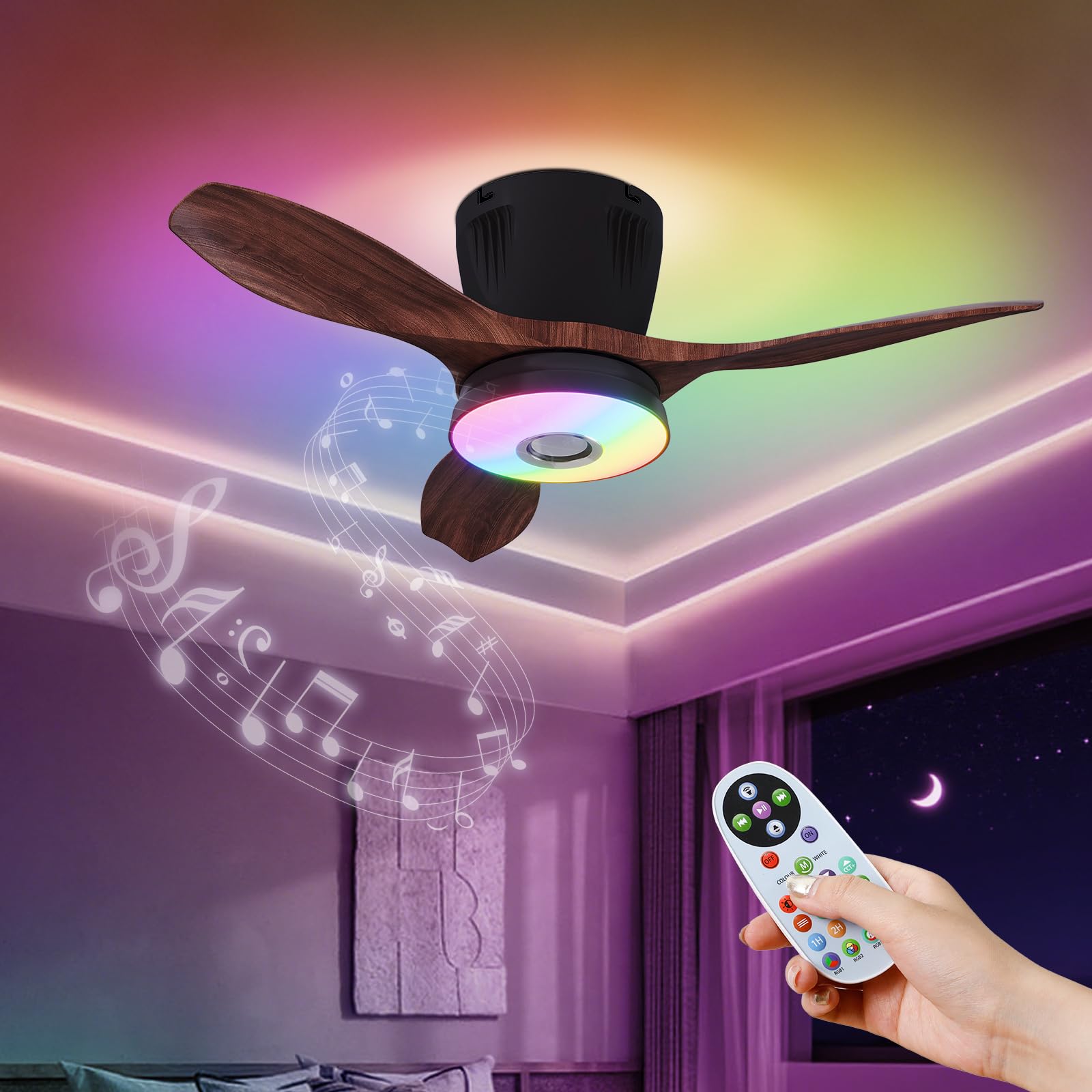WVMNQO RGB Ceiling Fan with Bluetooth Speaker, 21in Low Profile, 3CCT Dimmable, Walnut, Model LEC016R