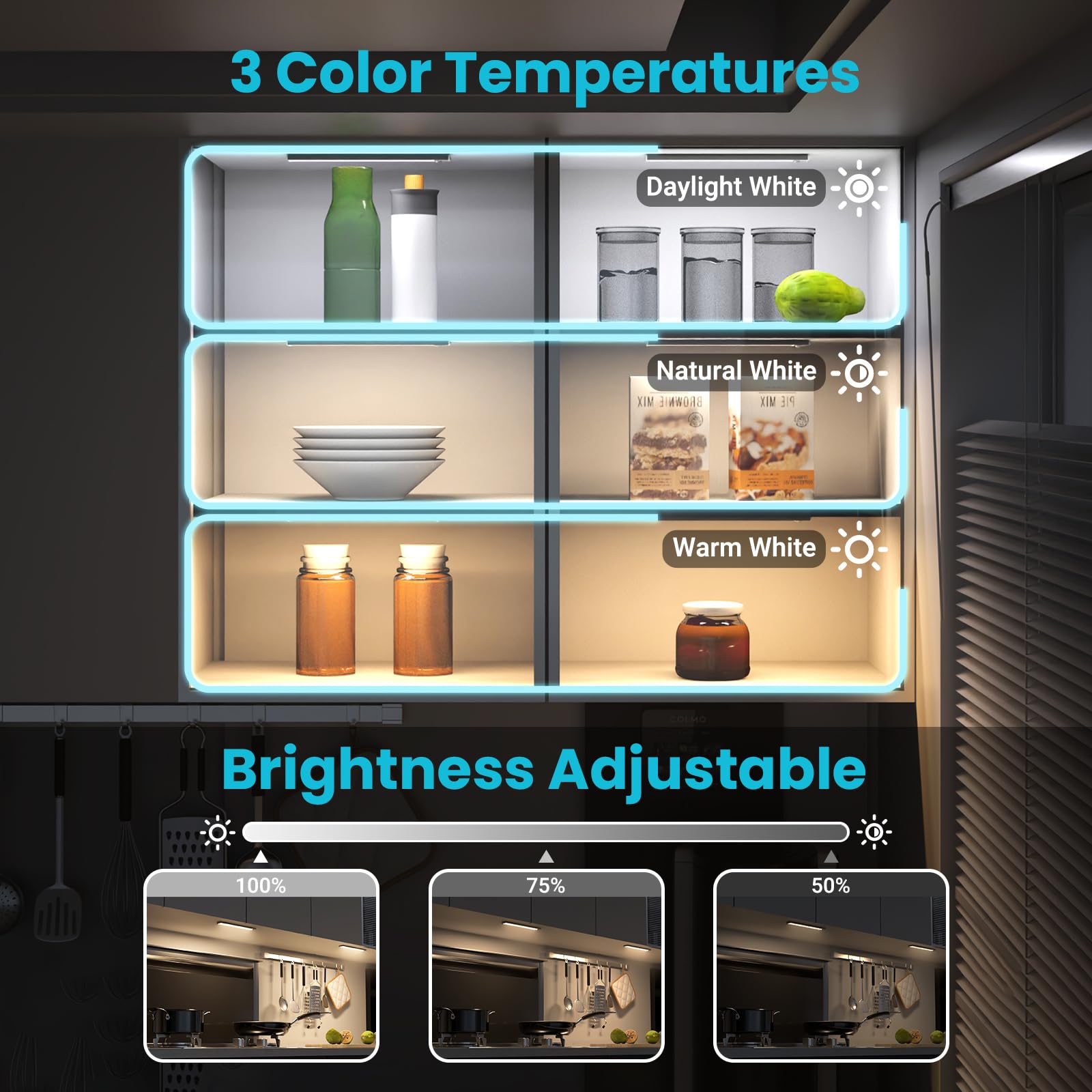 hyrion Under Cabinet Lights 2 Pack - Dimmable LED Motion Sensor, Magnetic Wireless Closet Lighting, 1500mAh Battery, 3 Color Temps, 11.8in