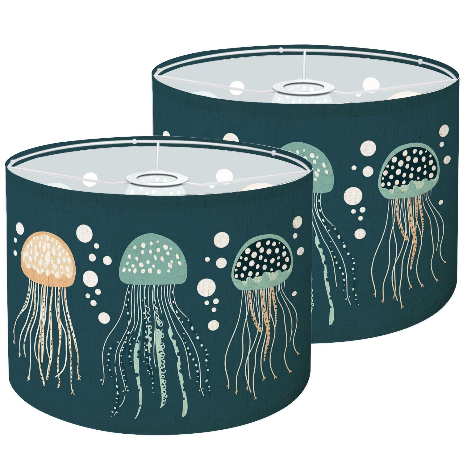 Lamp Shades Set of 2 Dark Teal Jellyfish Theme Bubbles Ocean Marine Creatures Abstract Drum Lampshades 8.9x11x11 for Table Lamps